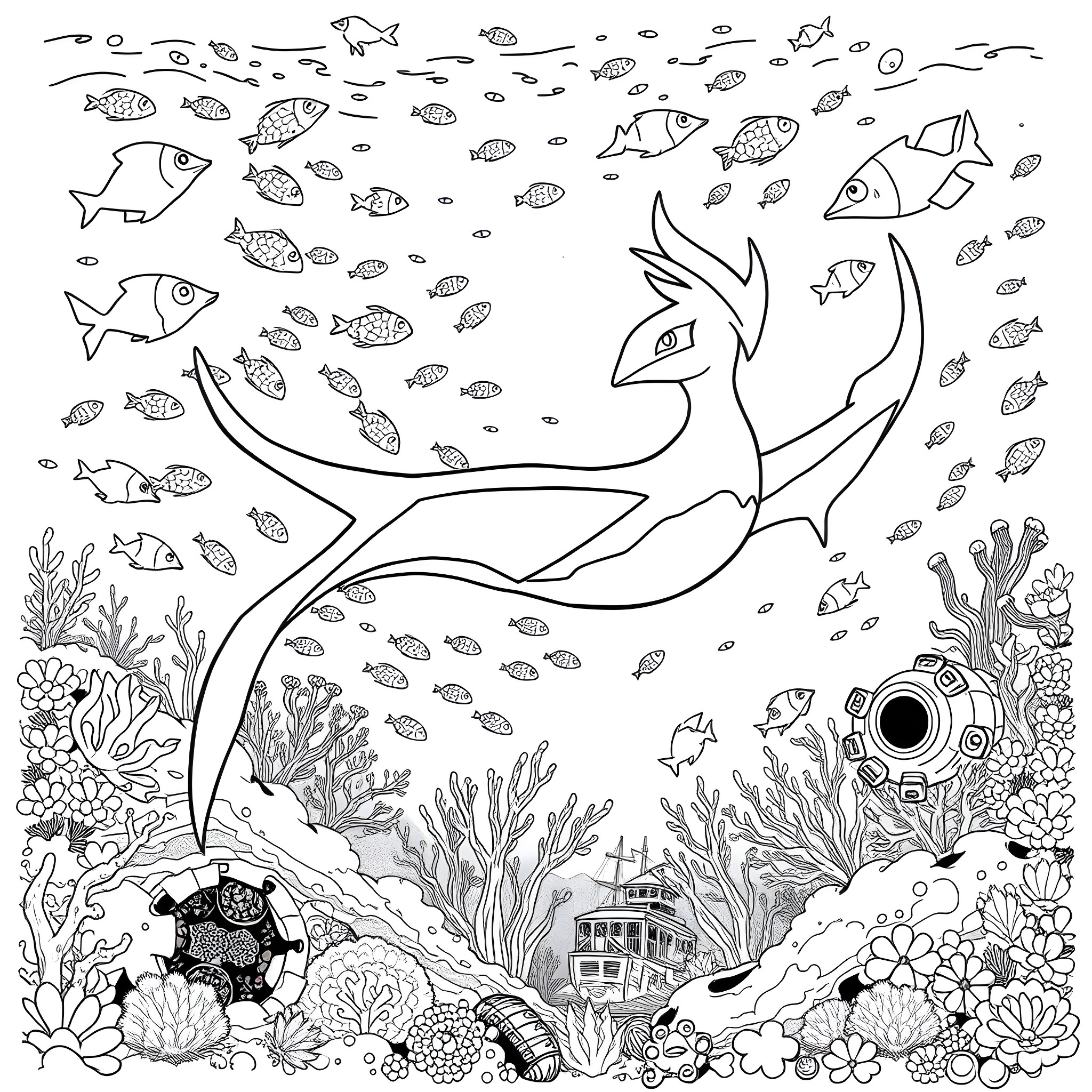 Lugia swimming through an underwater seascape Coloring Page (free black-and-white line drawing printable PDF for all, from beginners to advanced learners, including children, teens, adults, and seniors)