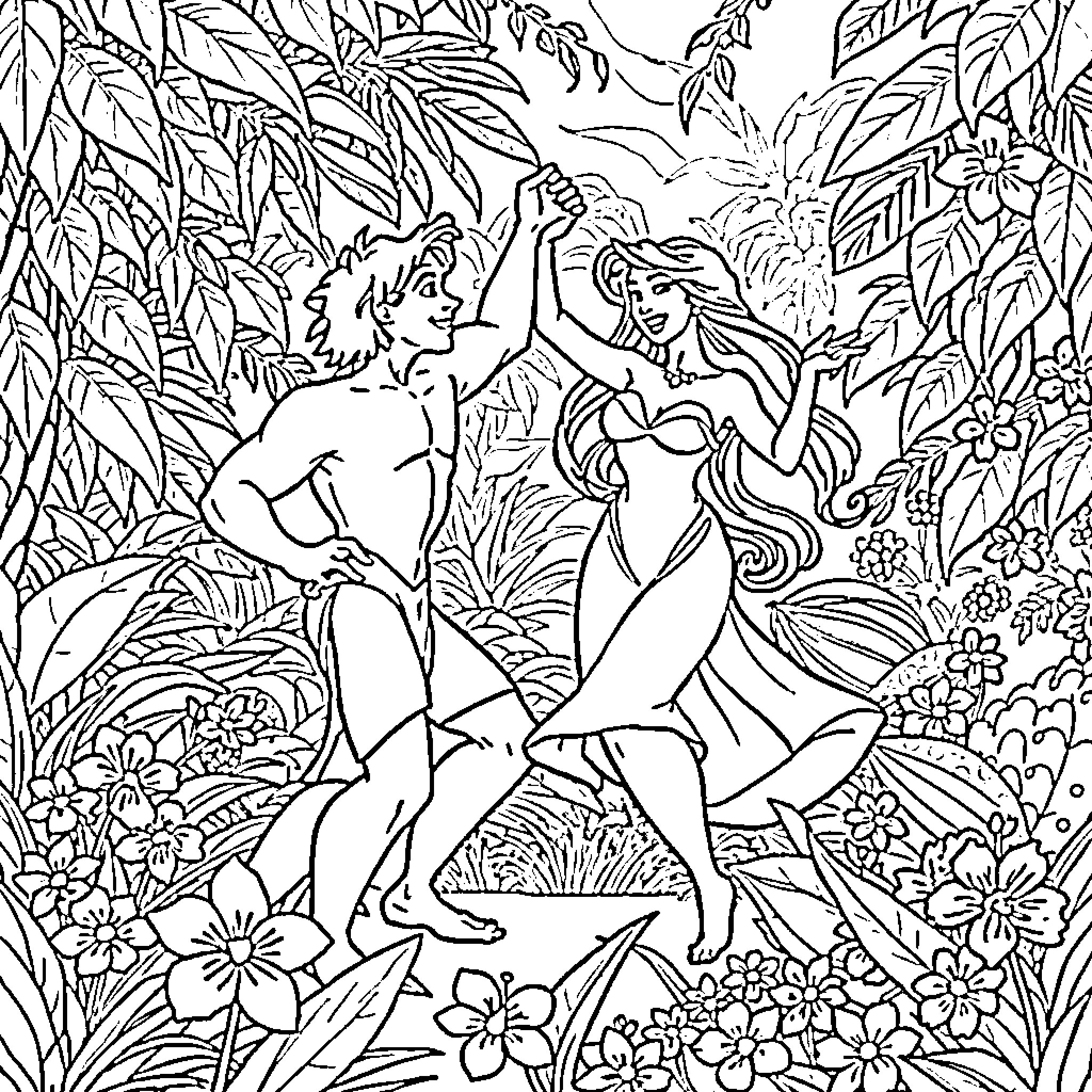 Tarzan and Jane exploring the lush jungle together Coloring Page (free black-and-white line drawing printable PDF for all, from beginners to advanced learners, including children, teens, adults, and seniors)