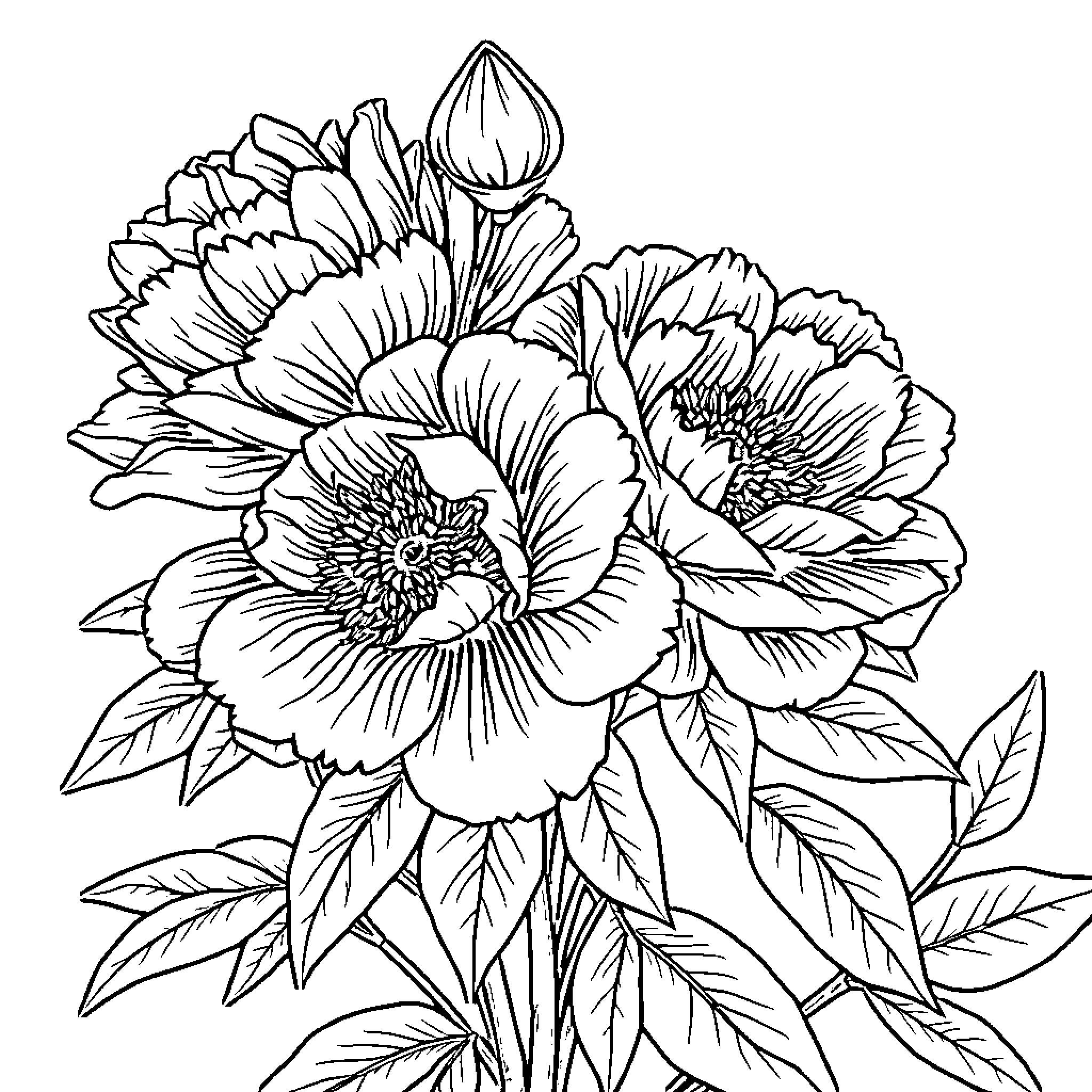 Peony flowers in full bloom Coloring Page (free black-and-white line drawing printable PDF for all, from beginners to advanced learners, including children, teens, adults, and seniors)