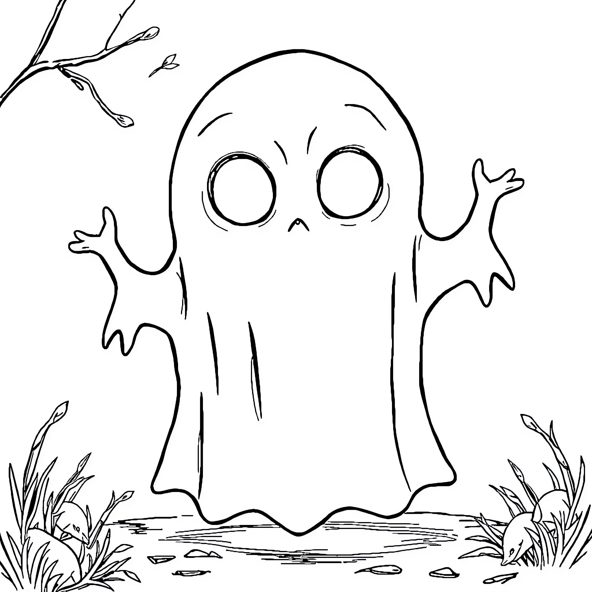 Ghost cheerfully gesturing in a spooky forest Coloring Page (free black-and-white line drawing printable PDF for all, from beginners to advanced learners, including children, teens, adults, and seniors)