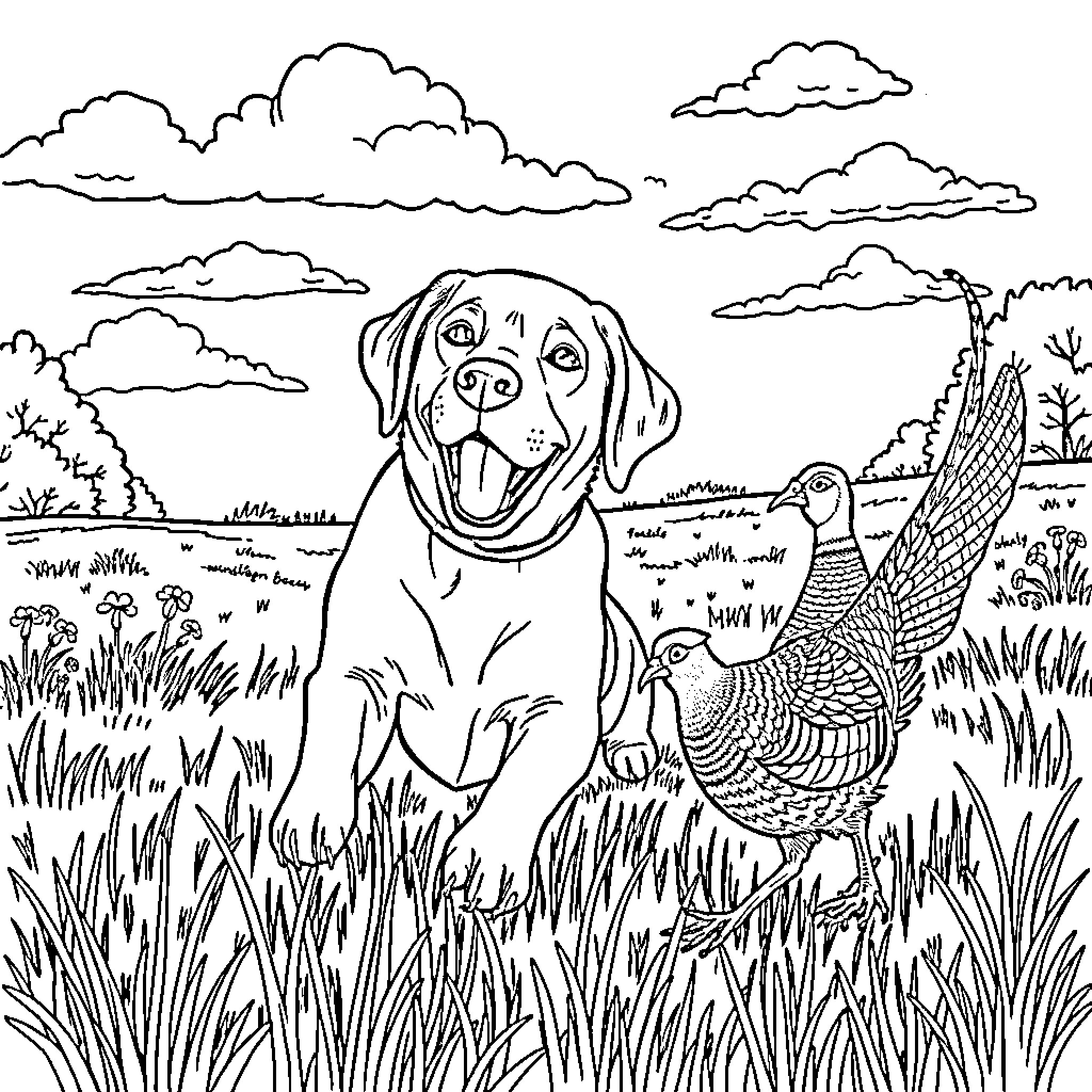 Labrador Retriever enjoying nature with bird companion Coloring Page (free black-and-white line drawing printable PDF for all, from beginners to advanced learners, including children, teens, adults, and seniors)