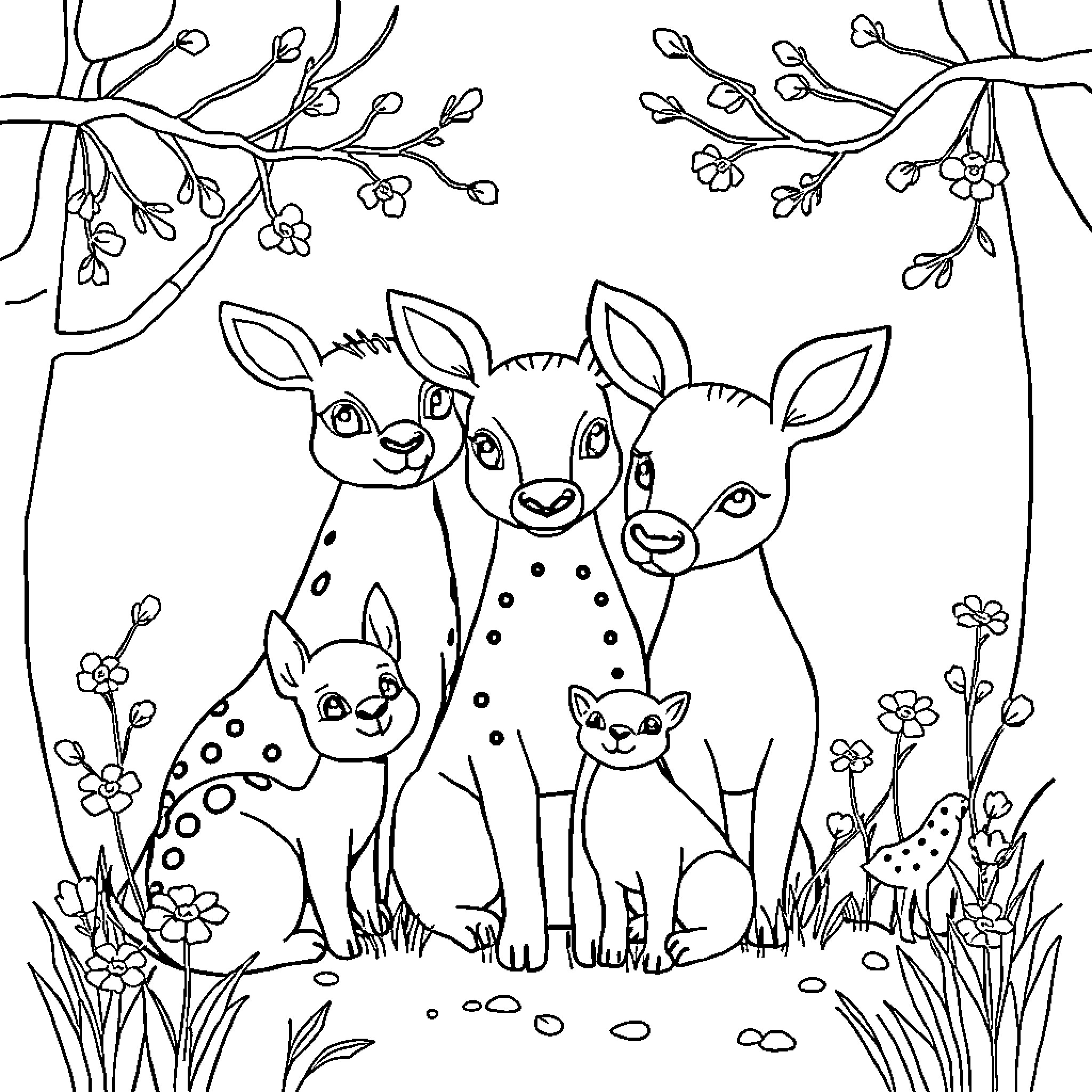 Dier friends enjoying the spring blossoms Coloring Page (free black-and-white line drawing printable PDF for all, from beginners to advanced learners, including children, teens, adults, and seniors)