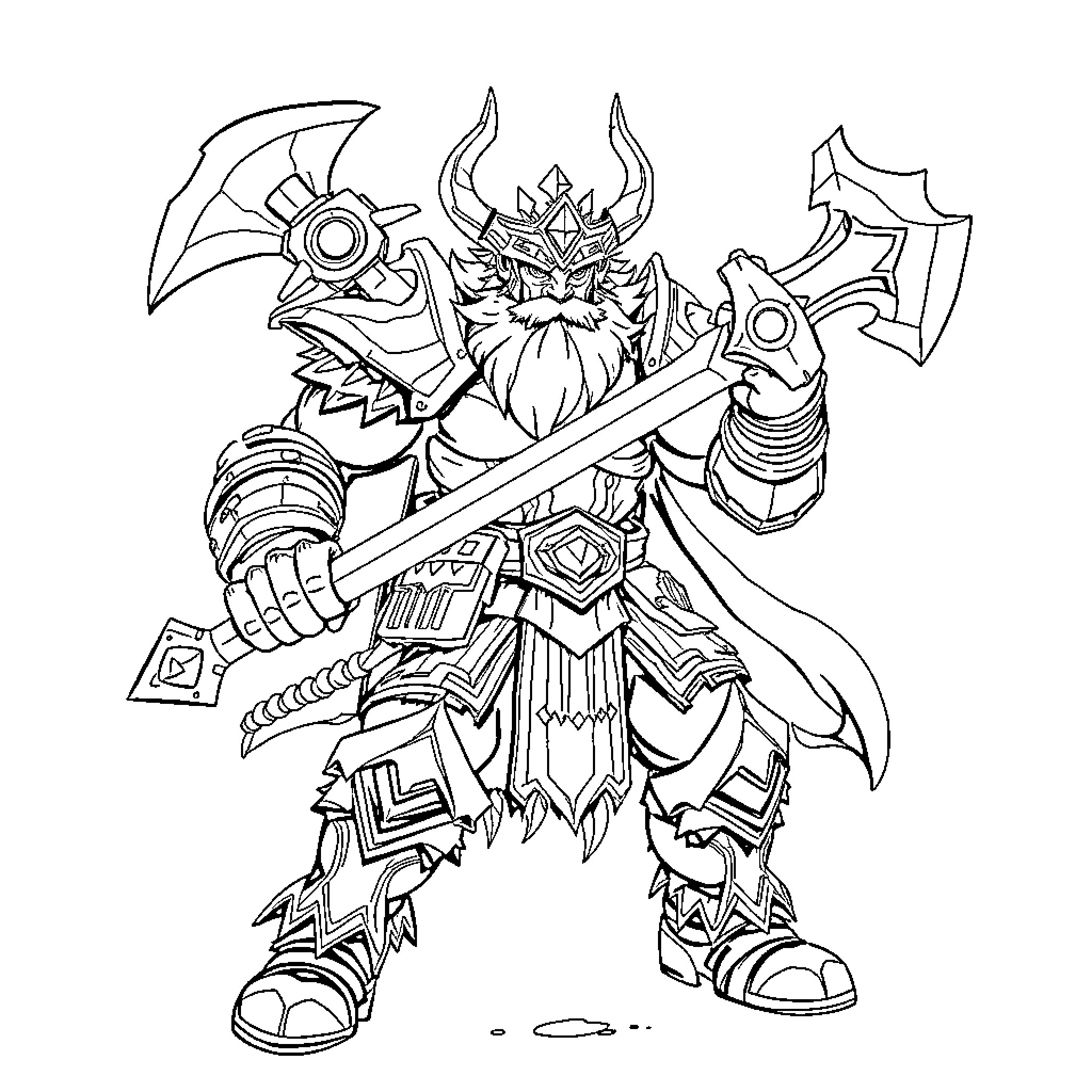 Thamuz, the Fearsome Warrior in Battle Stance Coloring Page (free black-and-white line drawing printable PDF for all, from beginners to advanced learners, including children, teens, adults, and seniors)