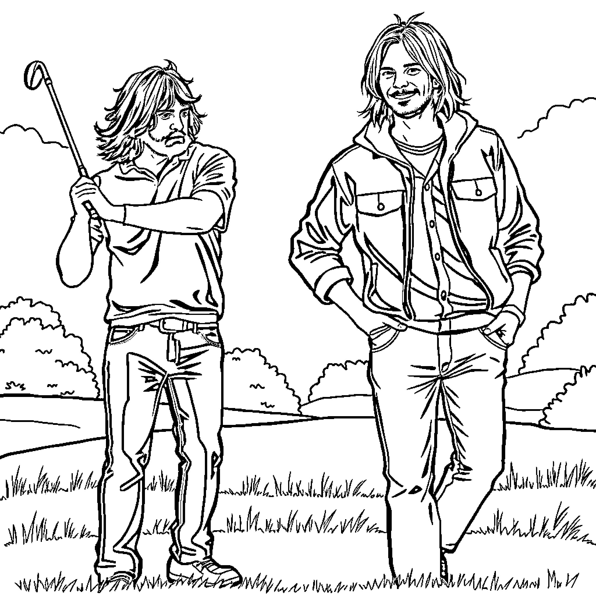 Dave Grohl and friend enjoying nature Coloring Page (free black-and-white line drawing printable PDF for all, from beginners to advanced learners, including children, teens, adults, and seniors)