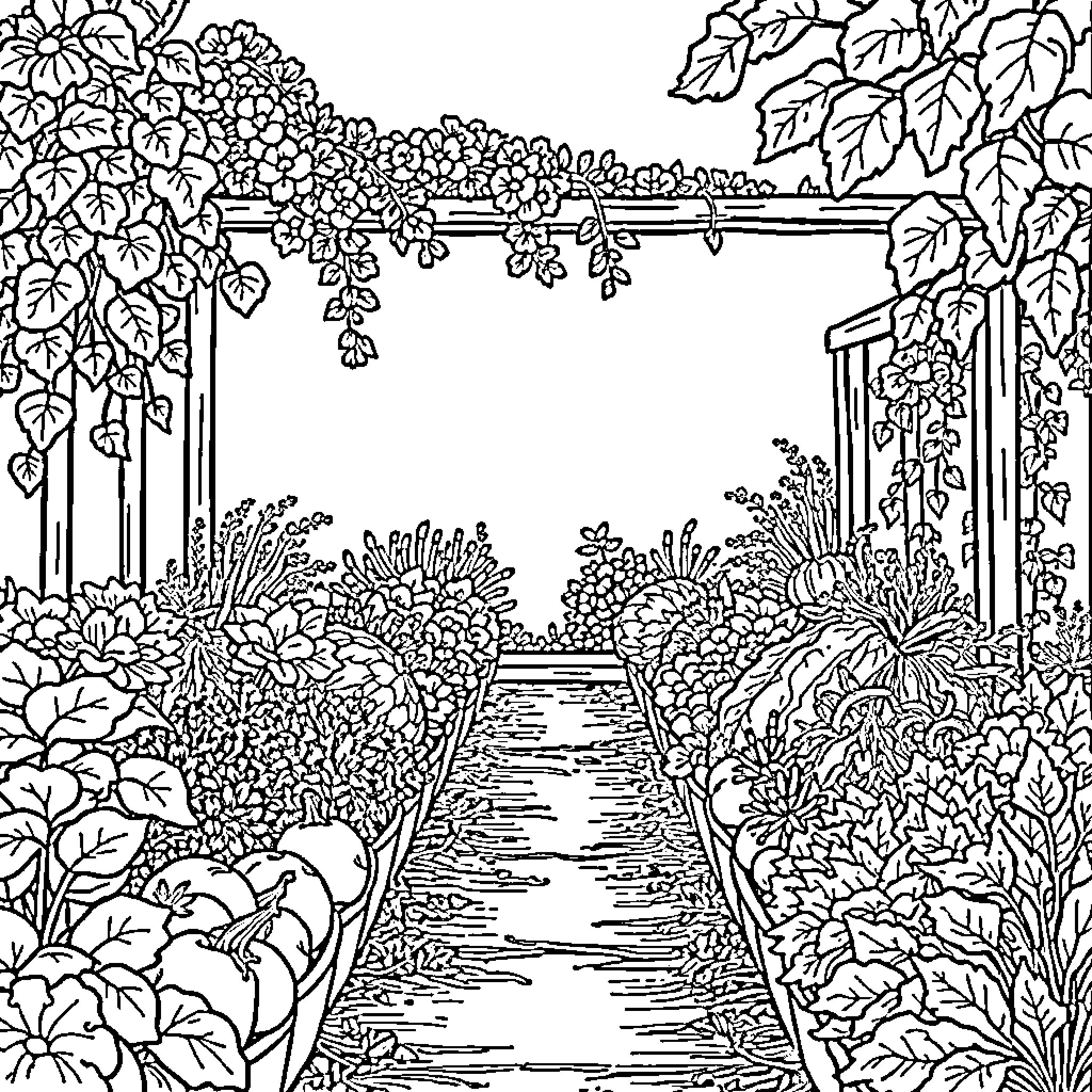 Potager garden with lush foliage and winding path Coloring Page (free black-and-white line drawing printable PDF for all, from beginners to advanced learners, including children, teens, adults, and seniors)