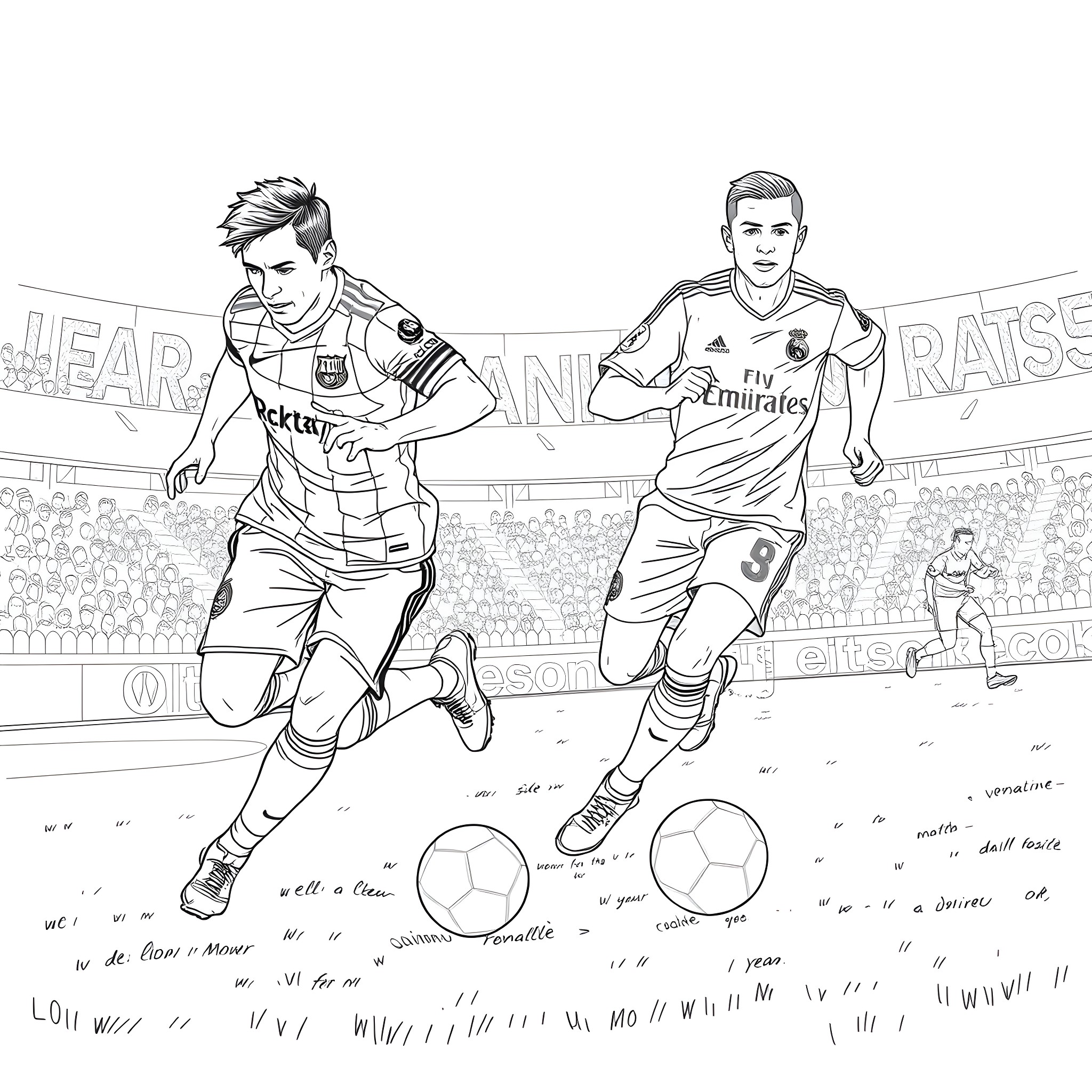 Messi and Ronaldo in an intense football match Coloring Page (free black-and-white line drawing printable PDF for all, from beginners to advanced learners, including children, teens, adults, and seniors)