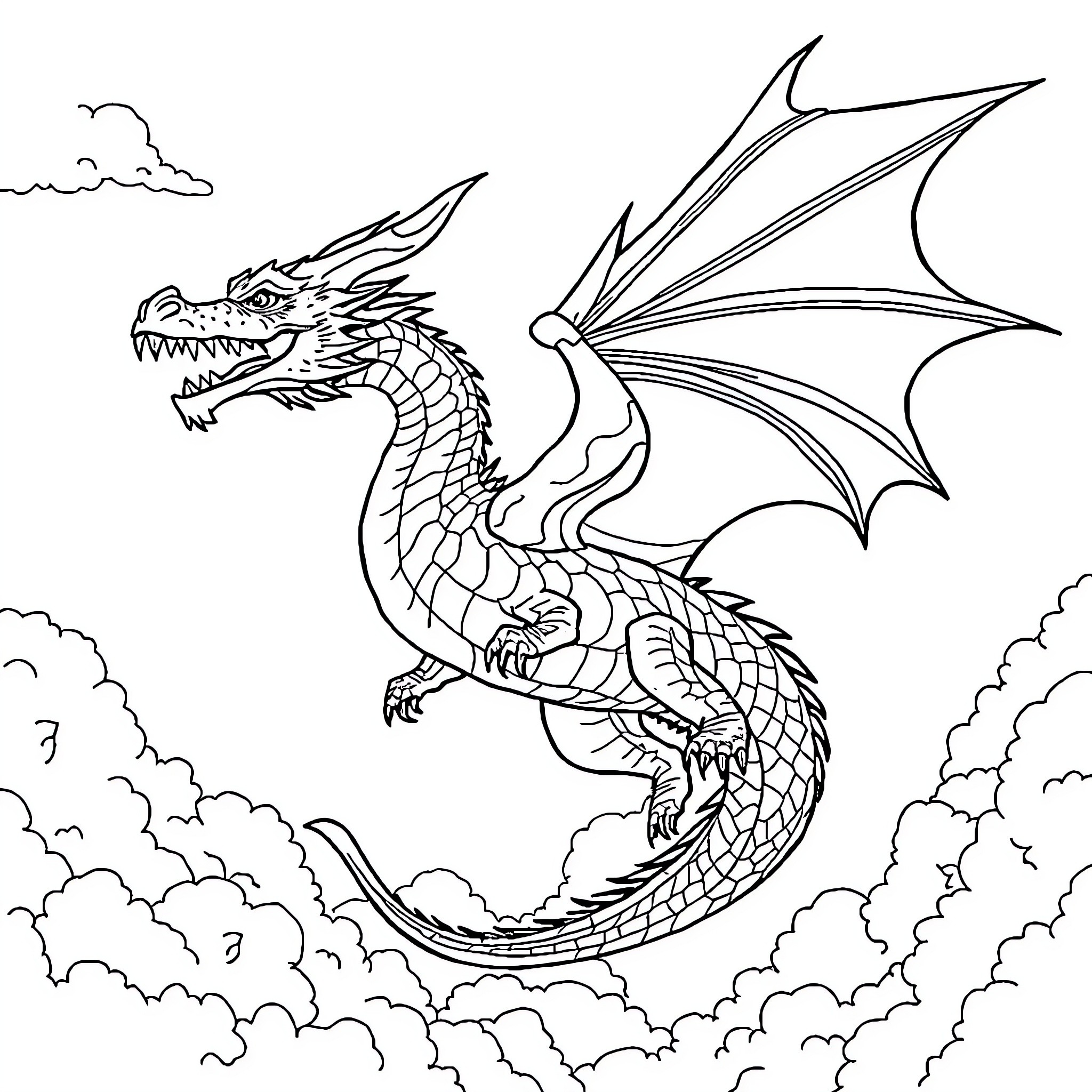 Dragon soaring in the clouds Coloring Page (free black-and-white line drawing printable PDF for all, from beginners to advanced learners, including children, teens, adults, and seniors)