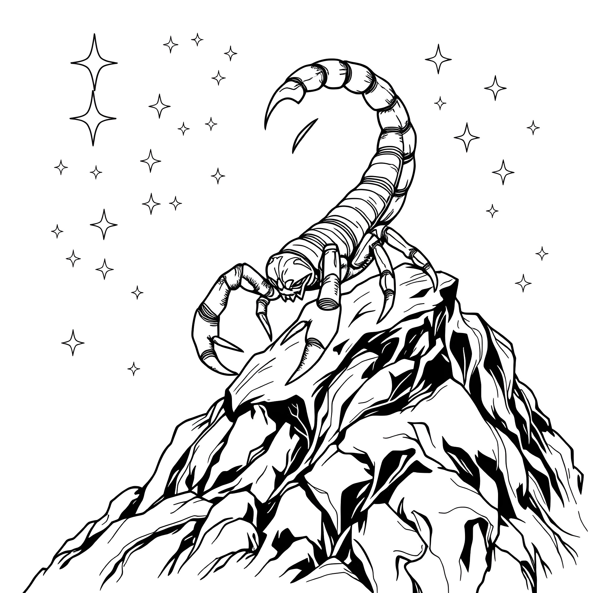 Scorpio scorpion climbing the mountainous night sky Coloring Page (free black-and-white line drawing printable PDF for all, from beginners to advanced learners, including children, teens, adults, and seniors)