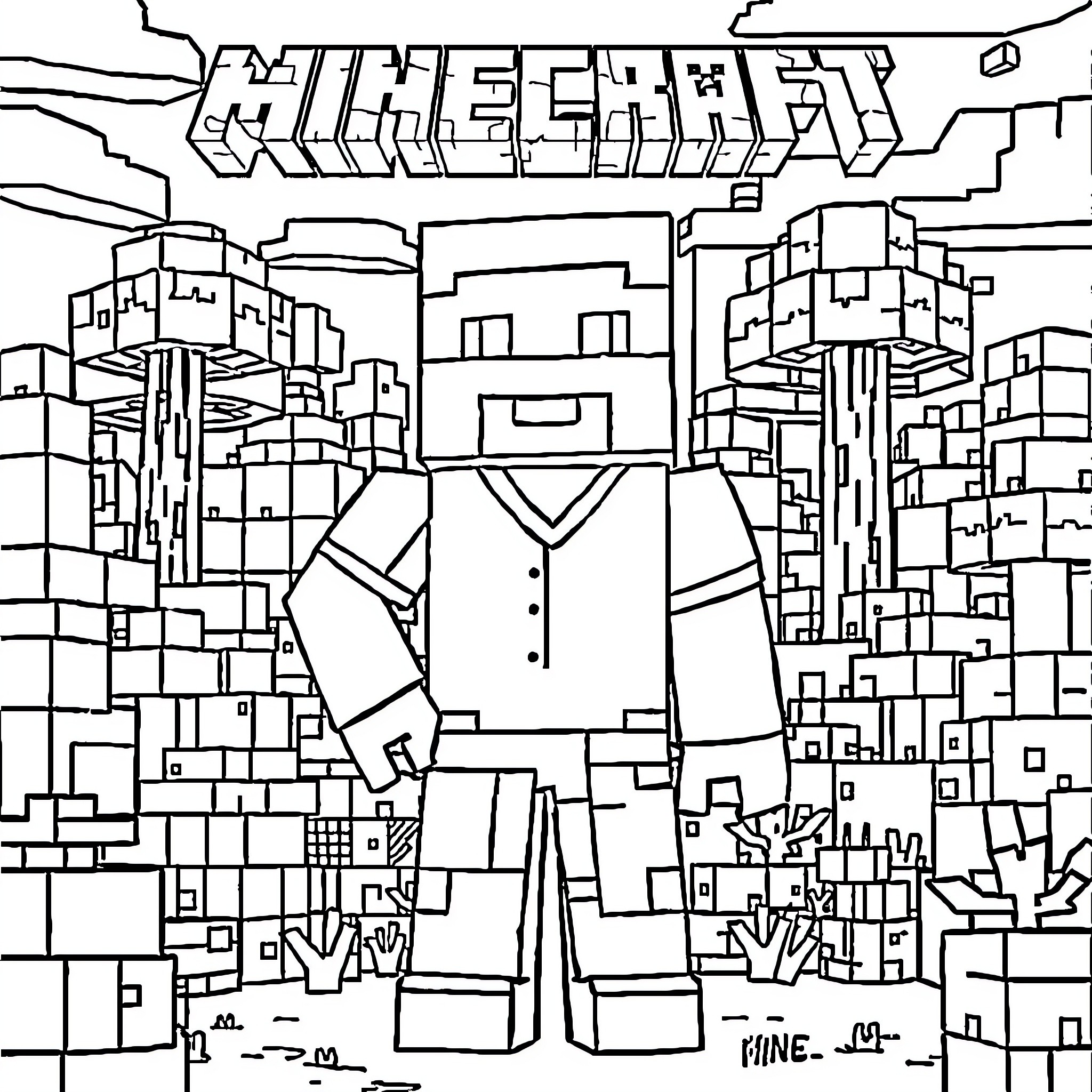 Steve's Minecraft Adventure in the Blocky City Coloring Page (free black-and-white line drawing printable PDF for all, from beginners to advanced learners, including children, teens, adults, and seniors)
