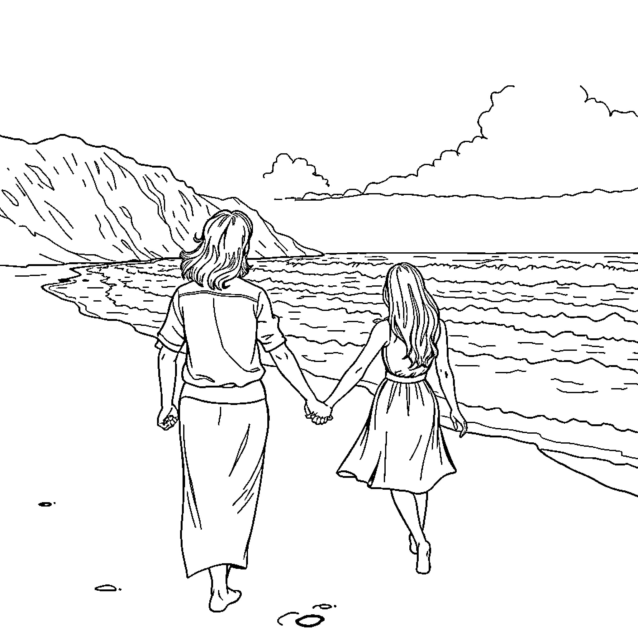 Couple strolling by the ocean shore Coloring Page (free black-and-white line drawing printable PDF for all, from beginners to advanced learners, including children, teens, adults, and seniors)
