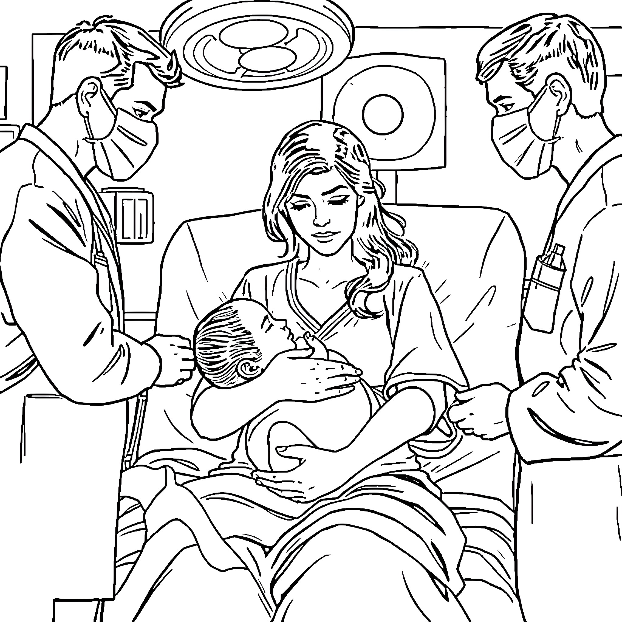 Woman giving birth assisted by medical professionals Coloring Page (free black-and-white line drawing printable PDF for all, from beginners to advanced learners, including children, teens, adults, and seniors)