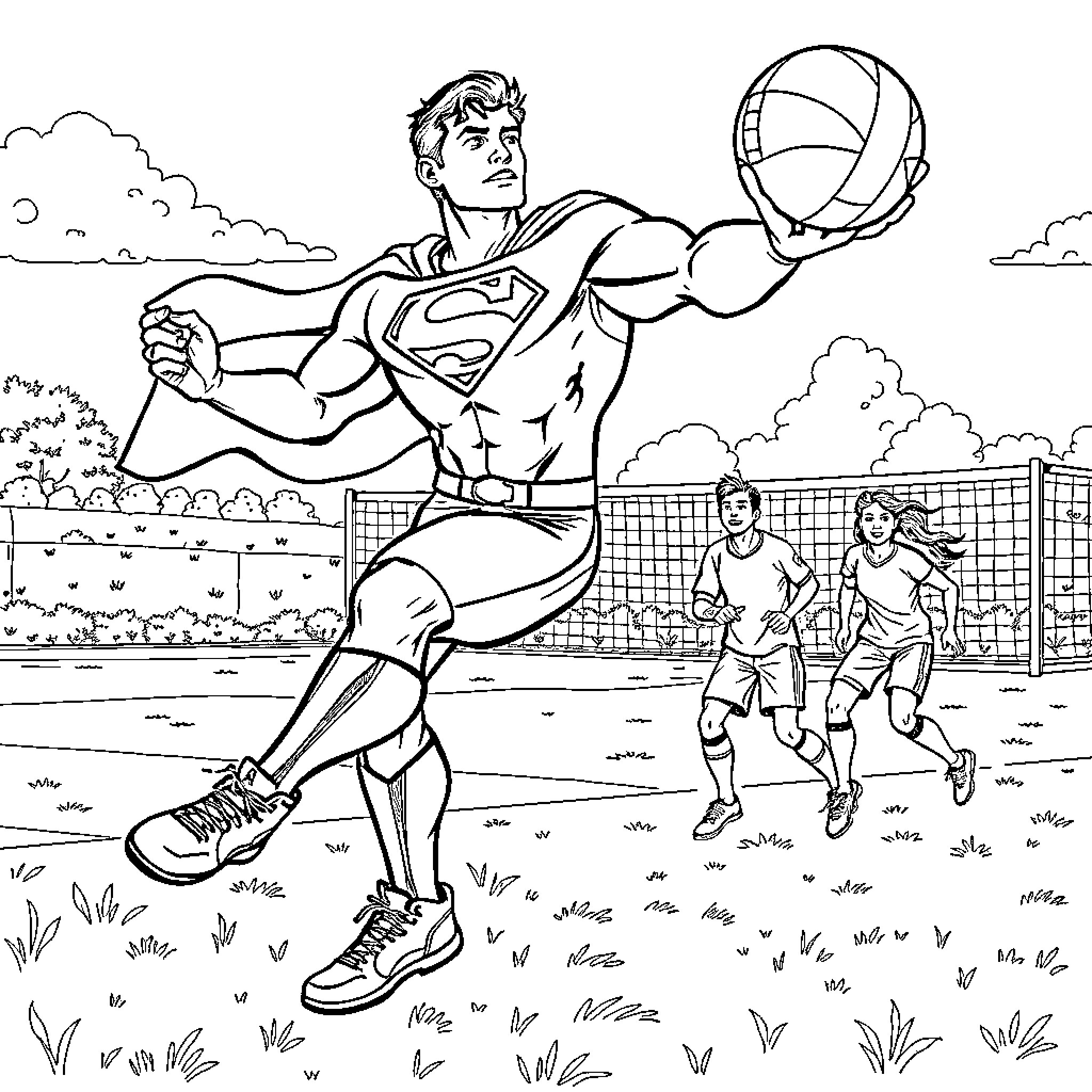 Superman playing energetic volleyball with others on the field Coloring Page (free black-and-white line drawing printable PDF for all, from beginners to advanced learners, including children, teens, adults, and seniors)