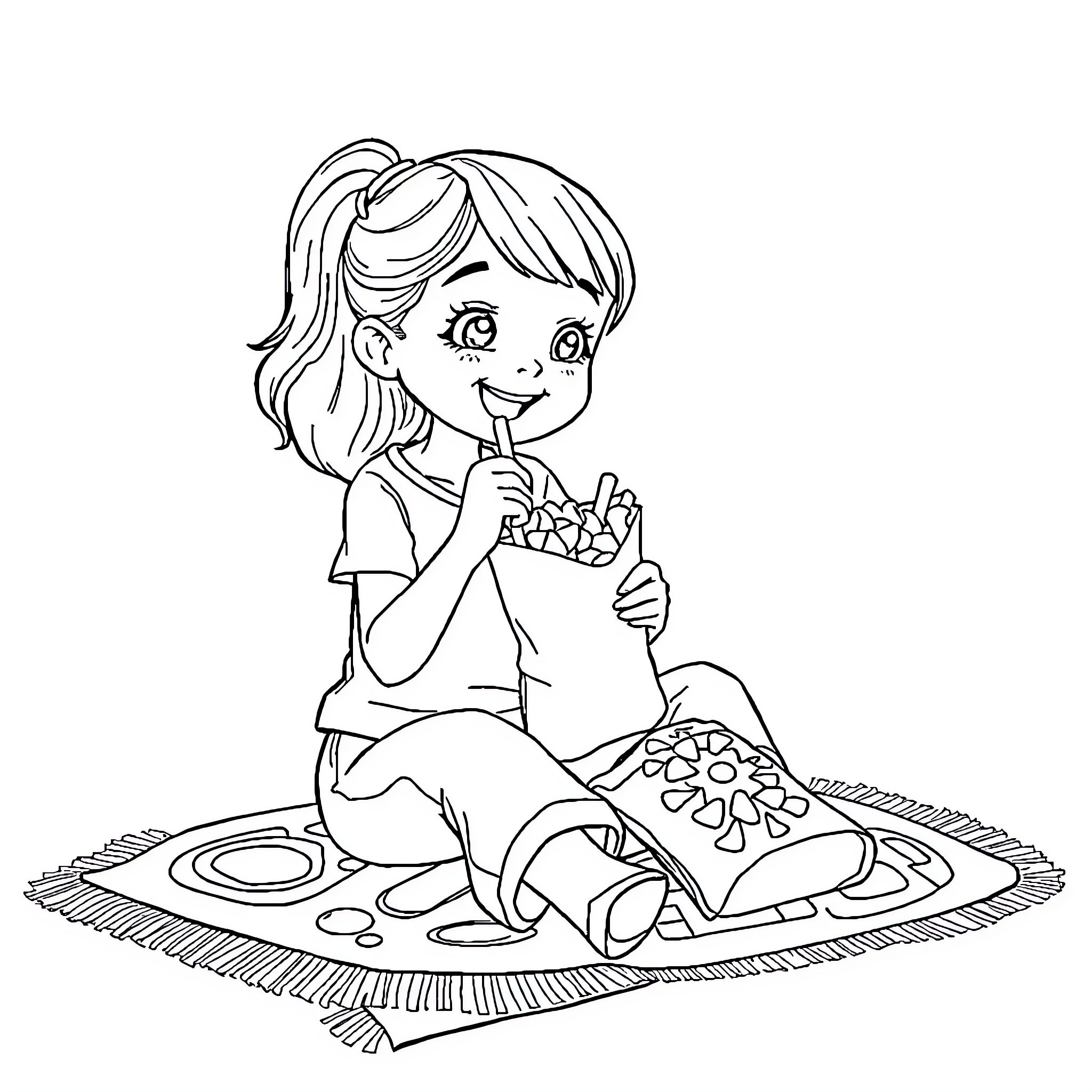 Girl enjoying a snack on a picnic blanket Coloring Page (free black-and-white line drawing printable PDF for all, from beginners to advanced learners, including children, teens, adults, and seniors)