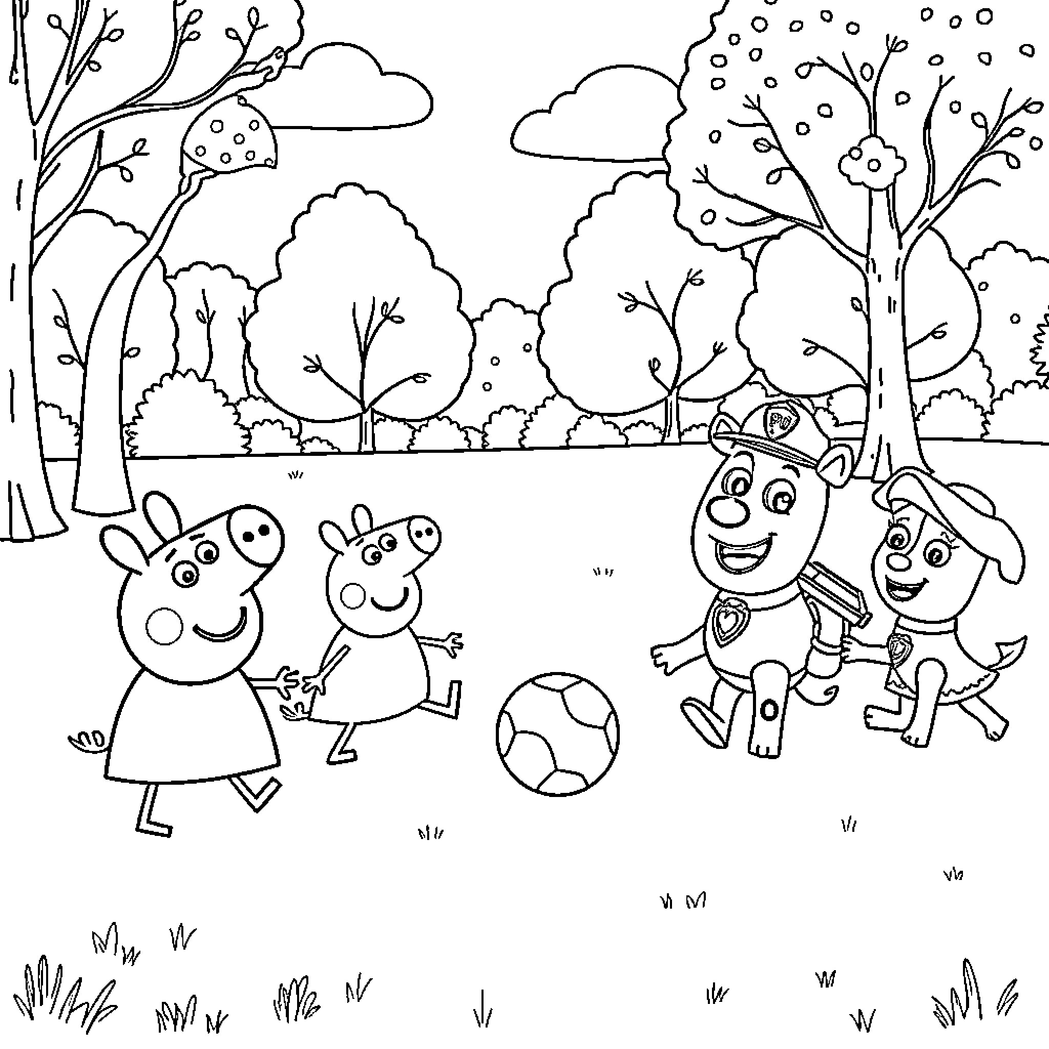 Peppa Pig and friends playing outdoors Coloring Page (free black-and-white line drawing printable PDF for all, from beginners to advanced learners, including children, teens, adults, and seniors)