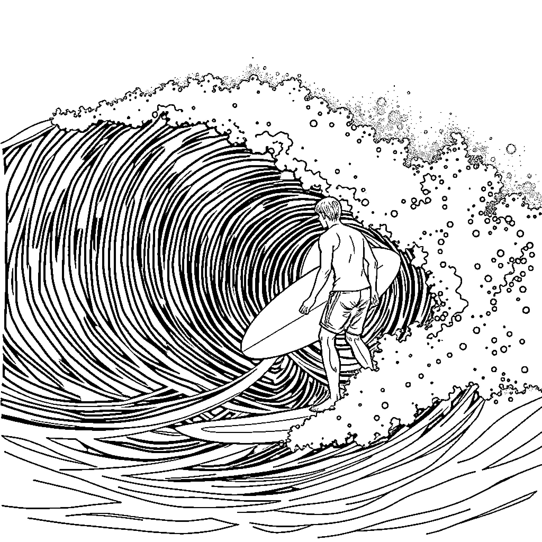 Surfer riding a majestic wave Coloring Page (free black-and-white line drawing printable PDF for all, from beginners to advanced learners, including children, teens, adults, and seniors)