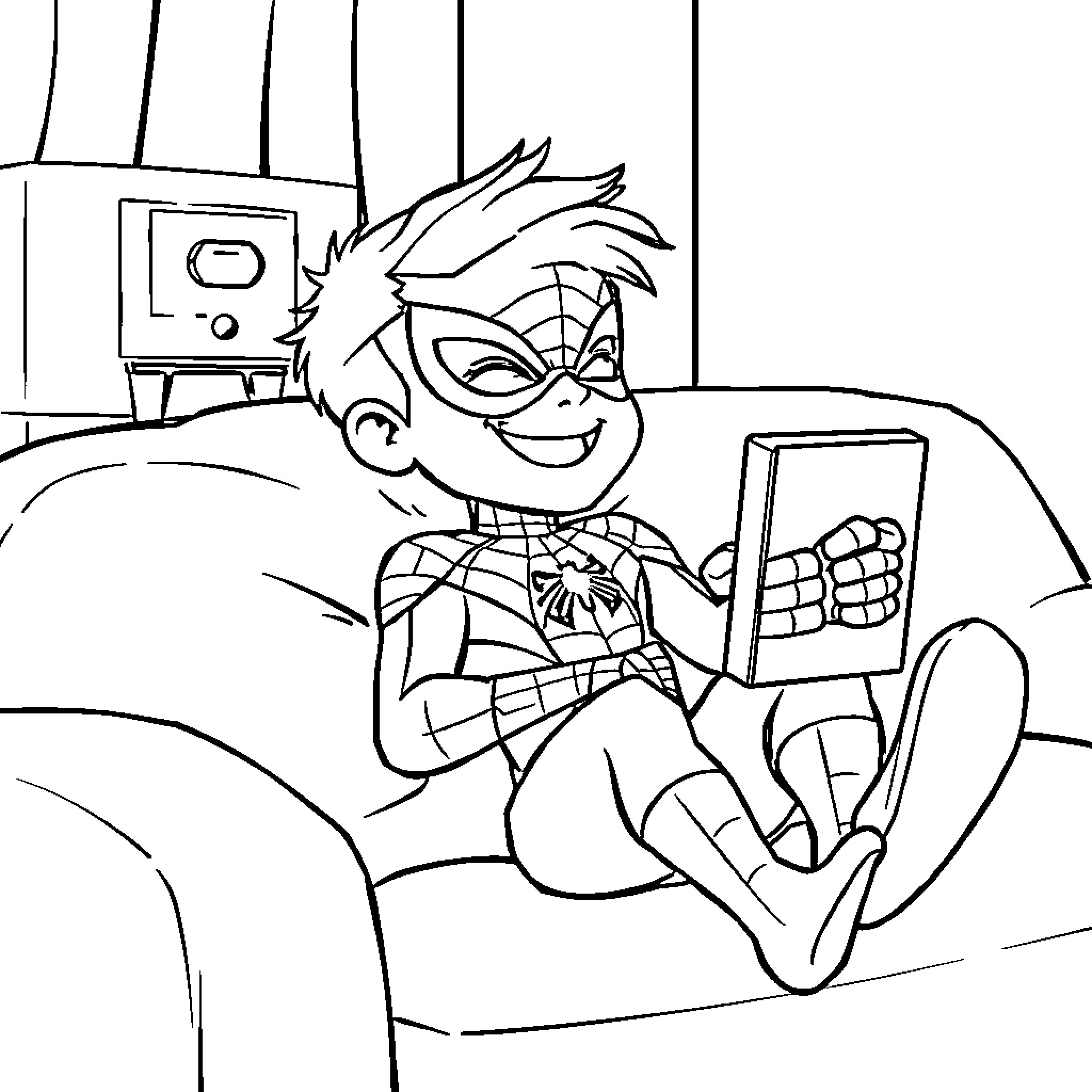 Spider-Man Enjoying Video Game on Couch Coloring Page (free black-and-white line drawing printable PDF for all, from beginners to advanced learners, including children, teens, adults, and seniors)