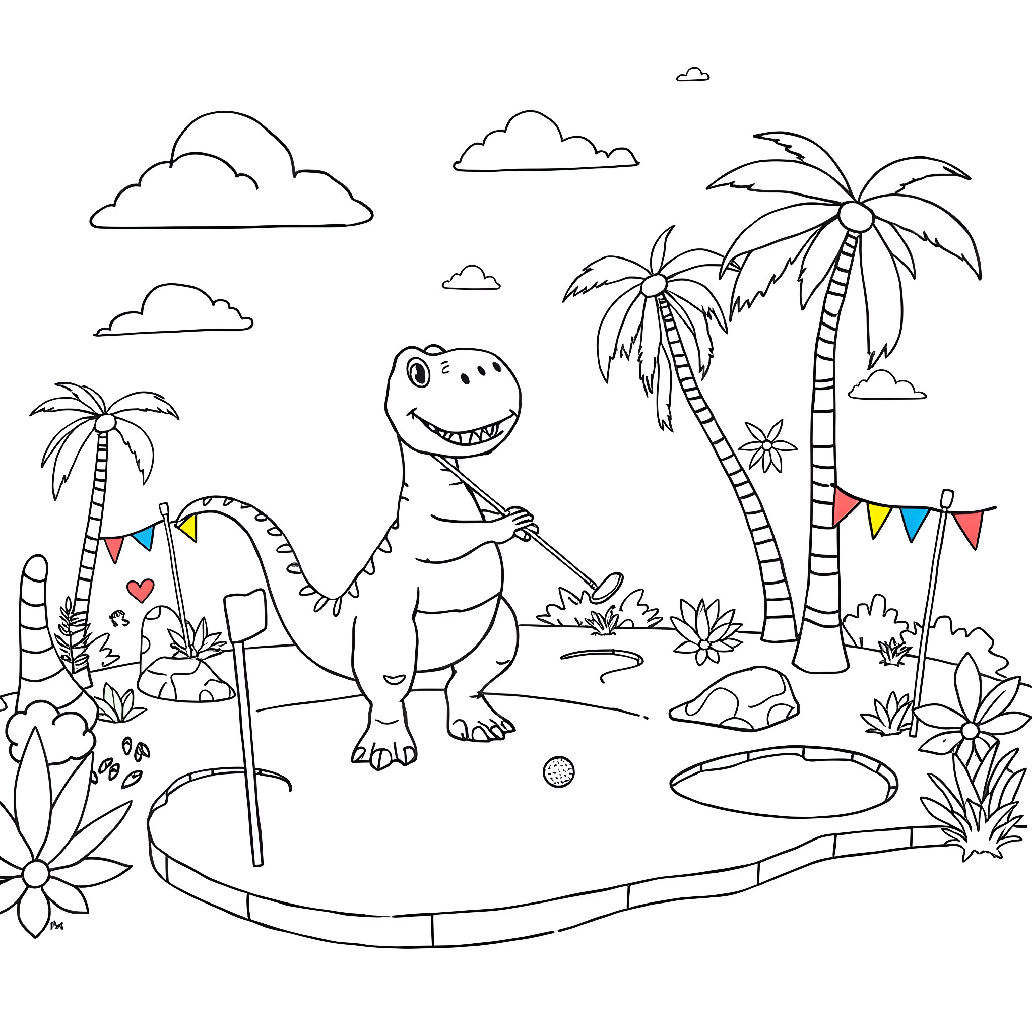 Dinosaur playing in tropical island paradise Coloring Page (free black-and-white line drawing printable PDF for all, from beginners to advanced learners, including children, teens, adults, and seniors)
