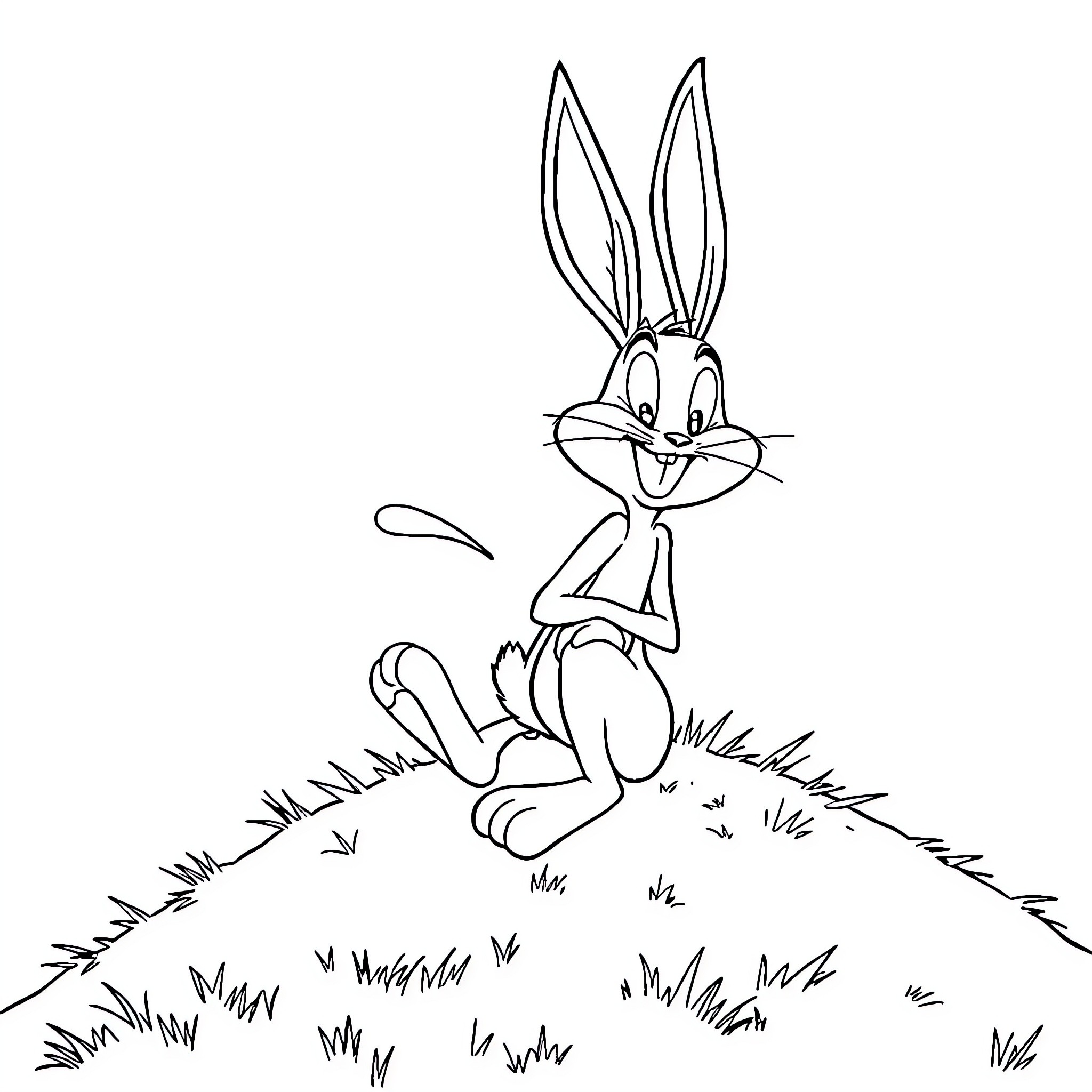 Bugs Bunny sitting happily in the grass Coloring Page (free black-and-white line drawing printable PDF for all, from beginners to advanced learners, including children, teens, adults, and seniors)