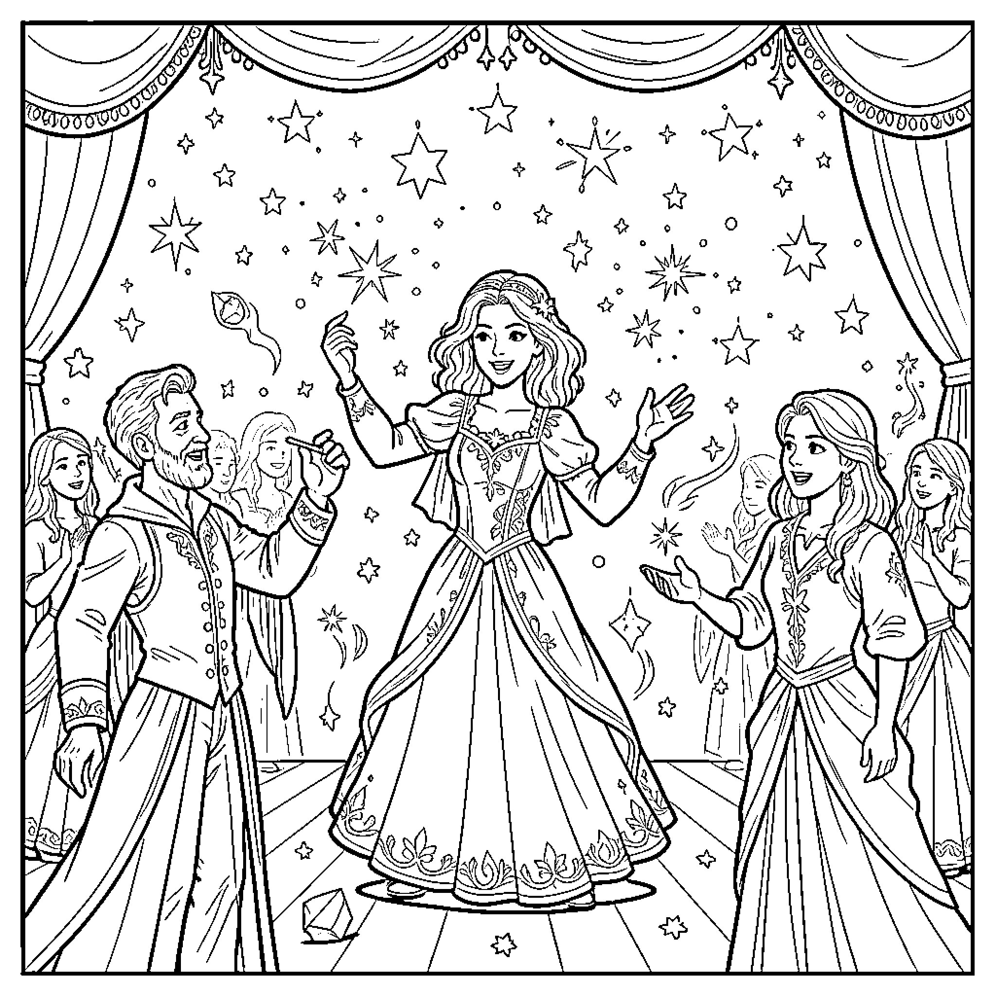 Magic performance by a princess on a grand stage Coloring Page (free black-and-white line drawing printable PDF for all, from beginners to advanced learners, including children, teens, adults, and seniors)