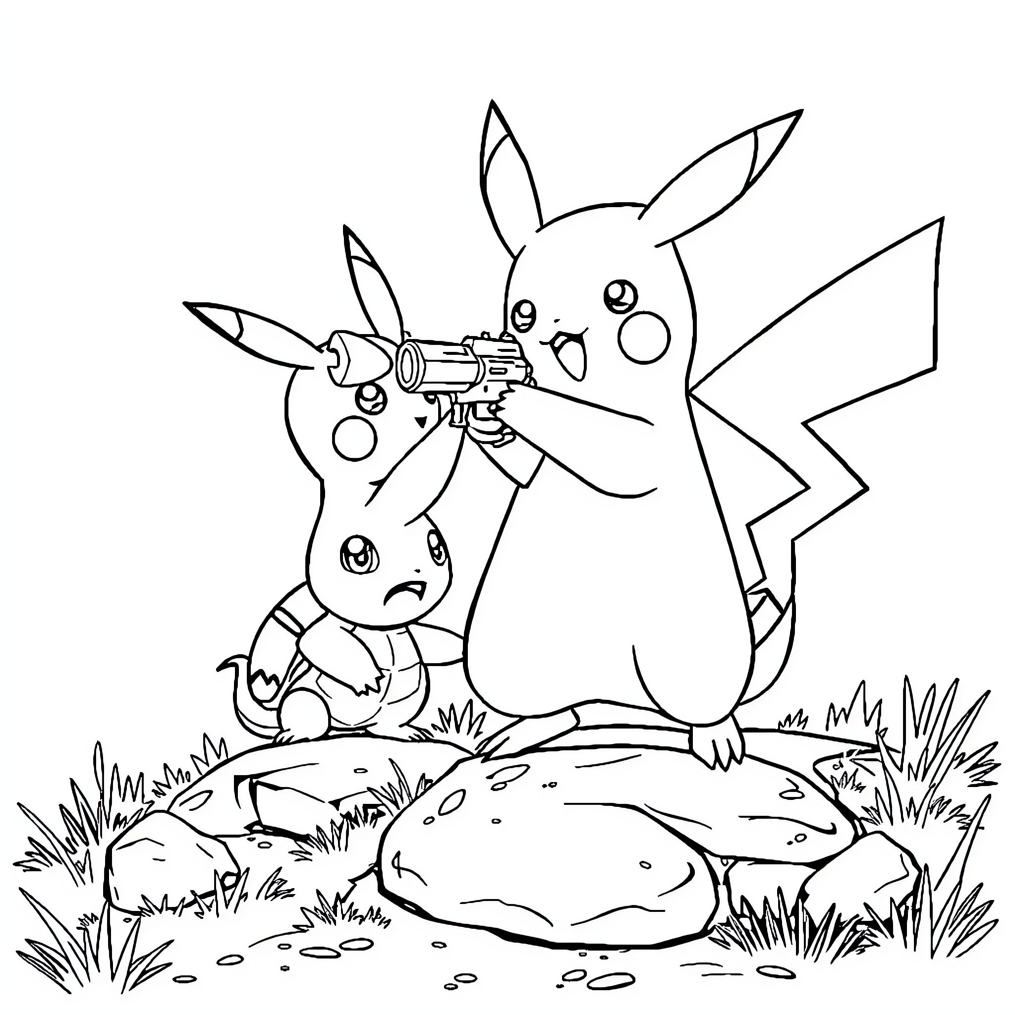 Pikachu and Charmander playing in the grass Coloring Page (free black-and-white line drawing printable PDF for all, from beginners to advanced learners, including children, teens, adults, and seniors)