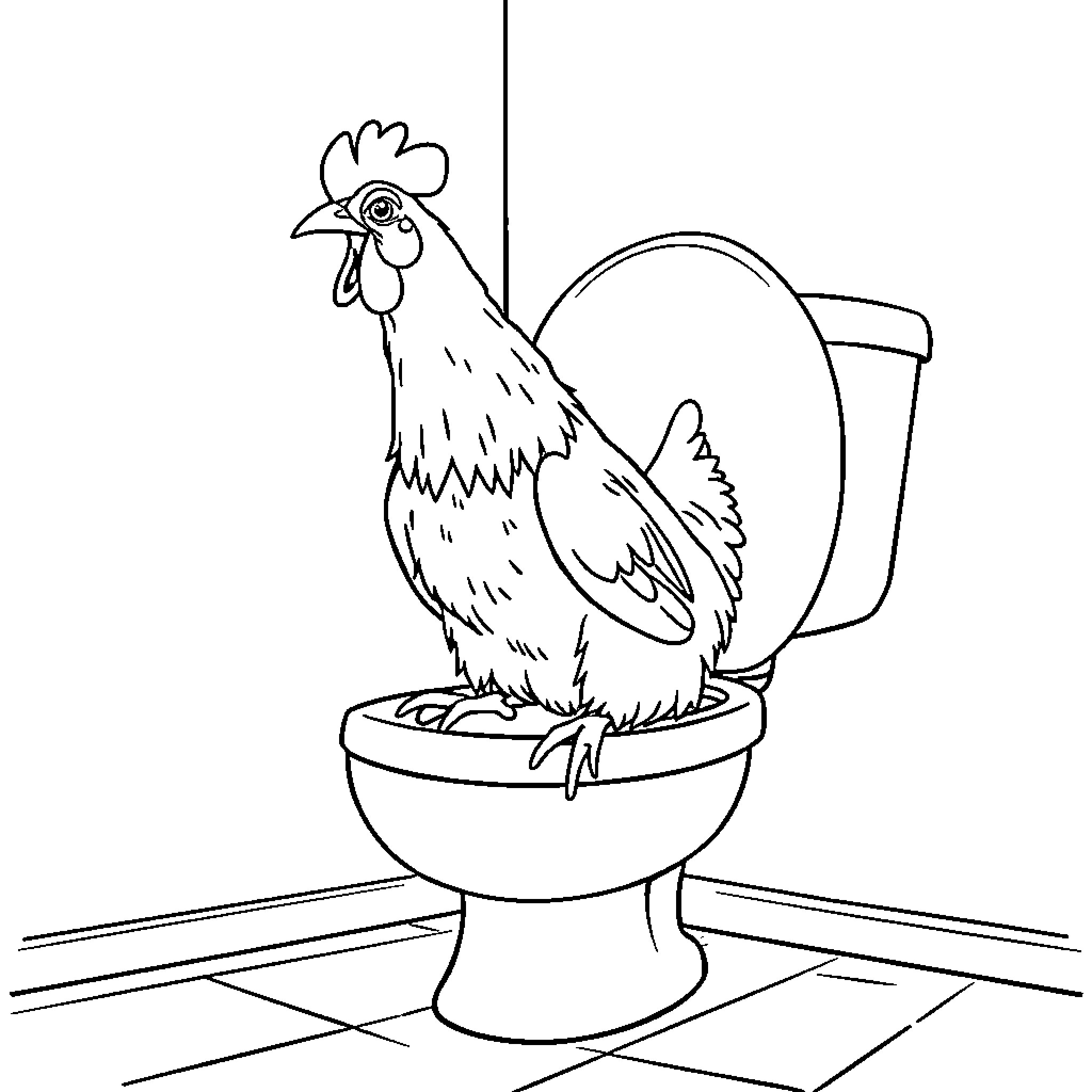 Chicken sitting on a toilet Coloring Page (free black-and-white line drawing printable PDF for all, from beginners to advanced learners, including children, teens, adults, and seniors)