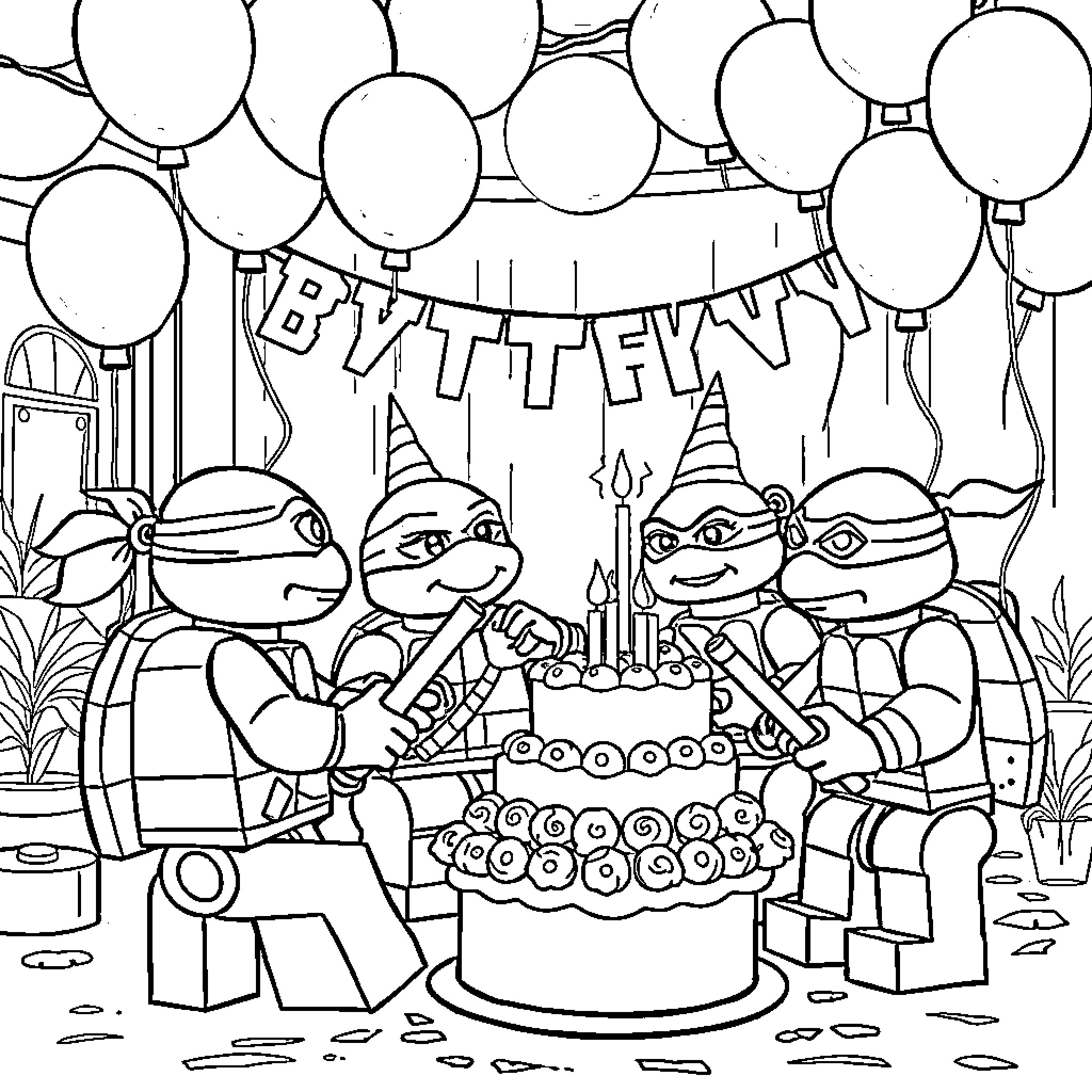 Teenage Mutant Ninja Turtles celebrating a birthday party Coloring Page (free black-and-white line drawing printable PDF for all, from beginners to advanced learners, including children, teens, adults, and seniors)