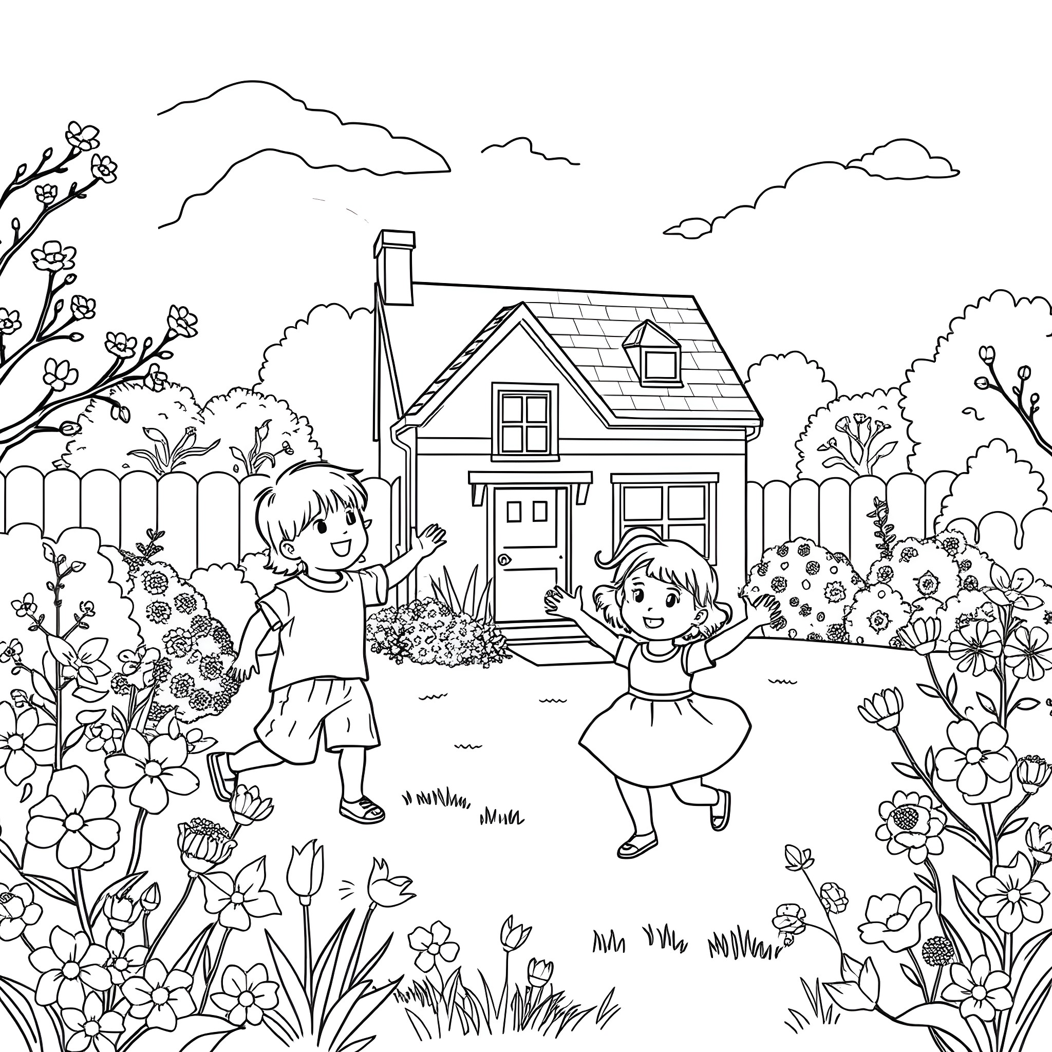 Kid playing joyfully in a garden by a house Coloring Page (free black-and-white line drawing printable PDF for all, from beginners to advanced learners, including children, teens, adults, and seniors)