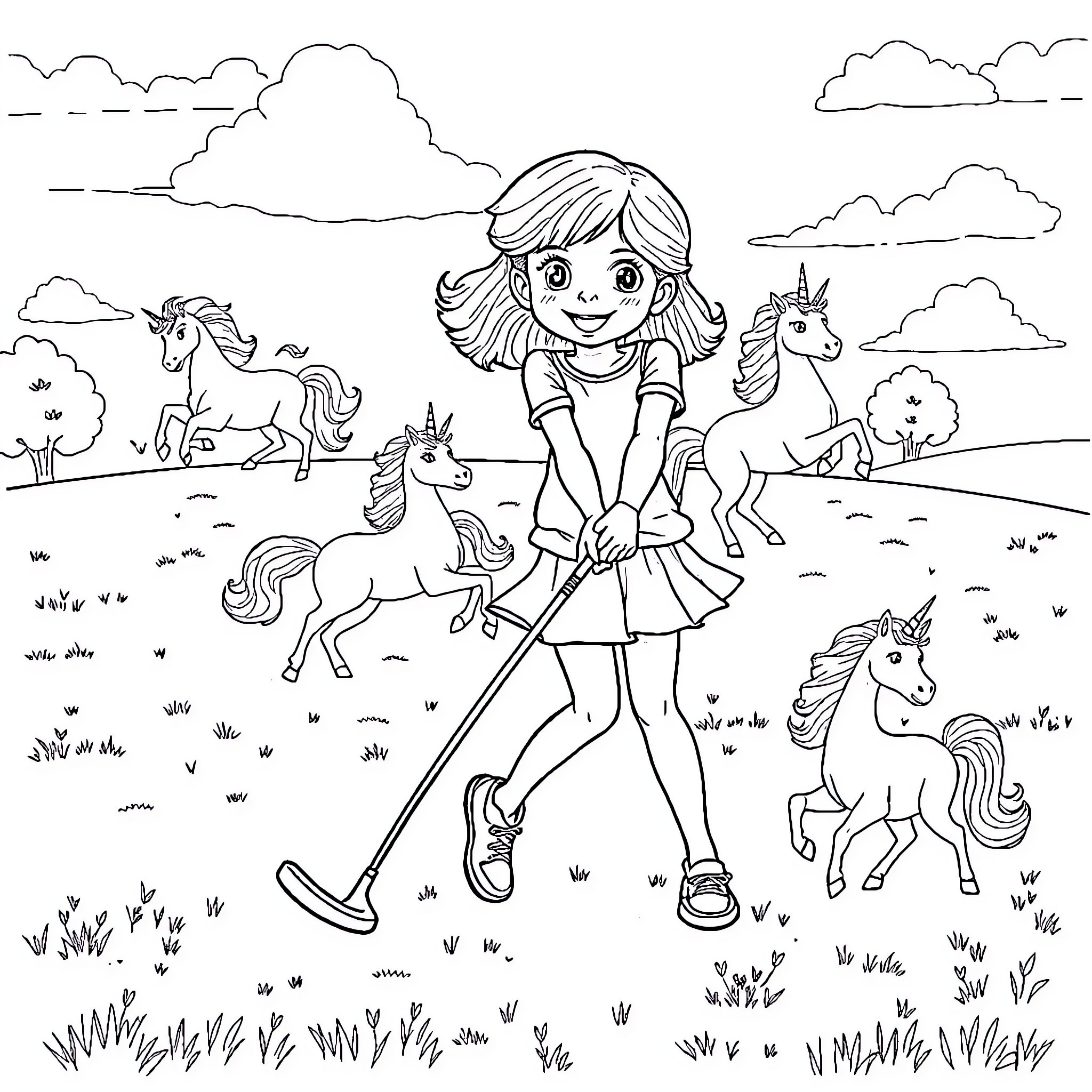 Girl playing with unicorns in a field Coloring Page (free black-and-white line drawing printable PDF for all, from beginners to advanced learners, including children, teens, adults, and seniors)