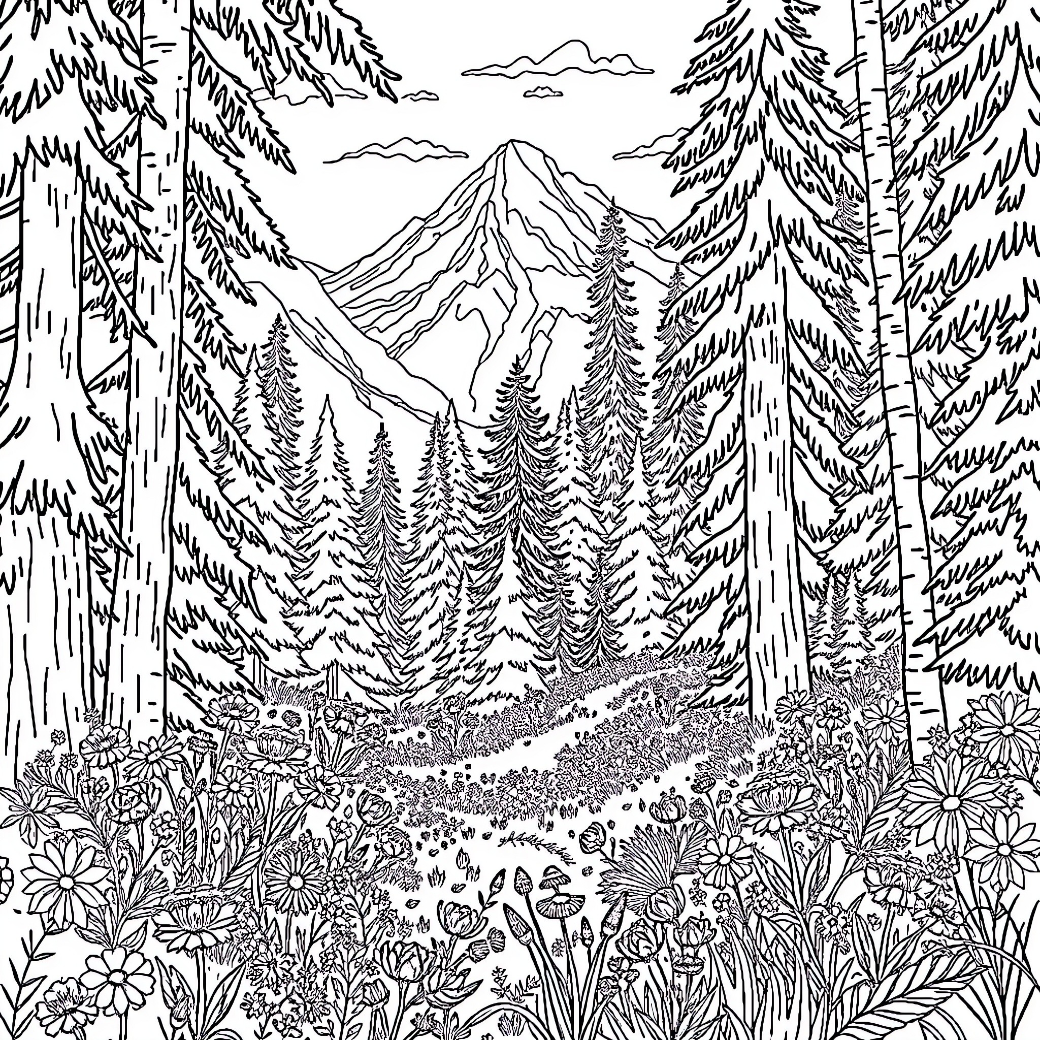 Forest Landscape with Towering Mountains and Flora Coloring Page (free black-and-white line drawing printable PDF for all, from beginners to advanced learners, including children, teens, adults, and seniors)