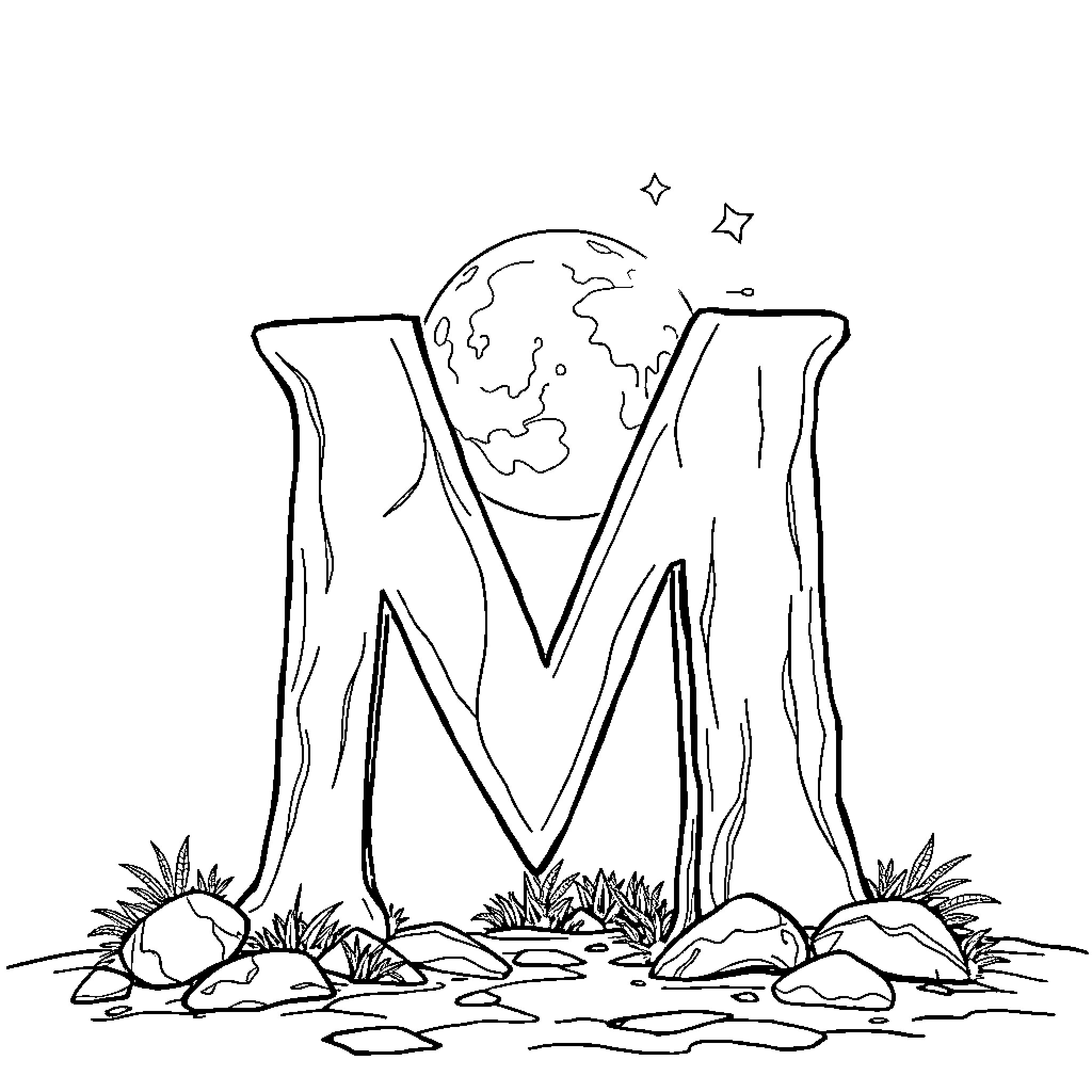 Letter M depicting Earth and nature Coloring Page (free black-and-white line drawing printable PDF for all, from beginners to advanced learners, including children, teens, adults, and seniors)