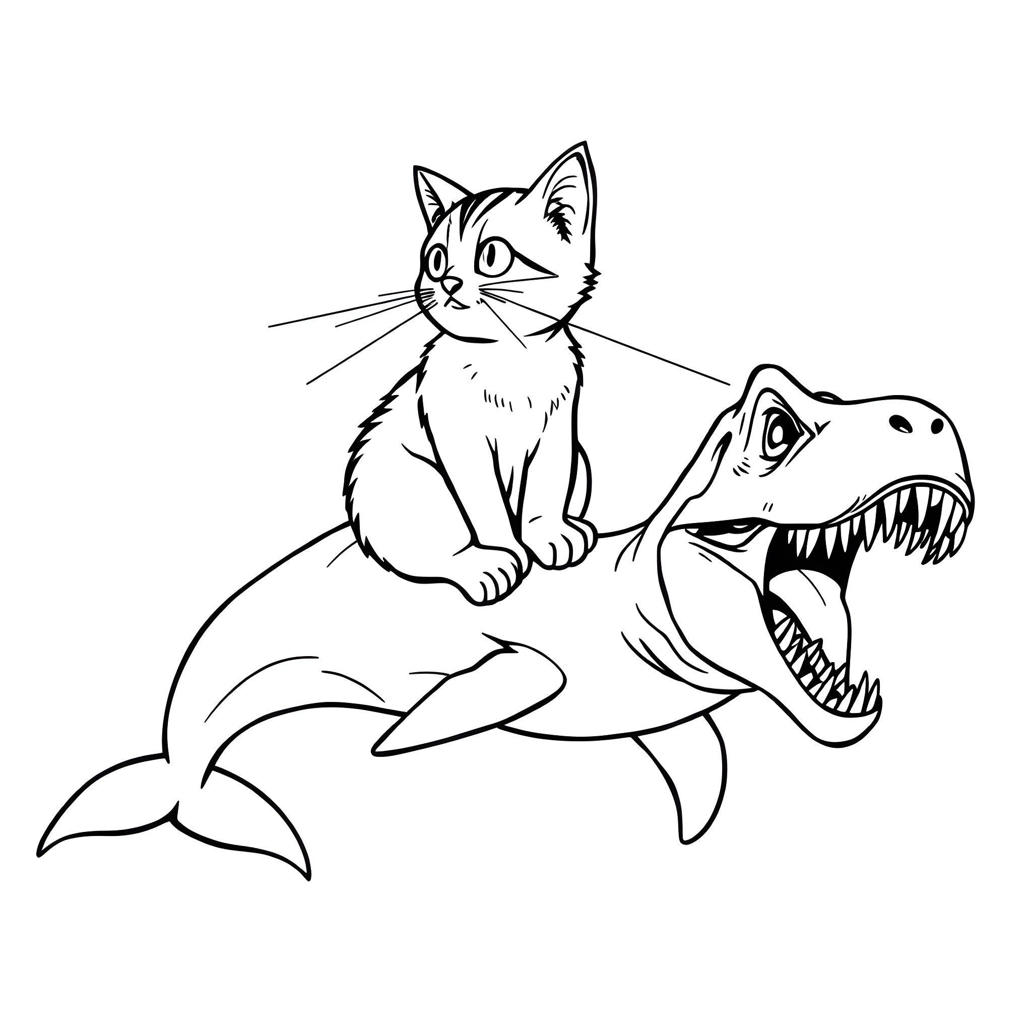 Cat riding a shark Coloring Page (free black-and-white line drawing printable PDF for all, from beginners to advanced learners, including children, teens, adults, and seniors)