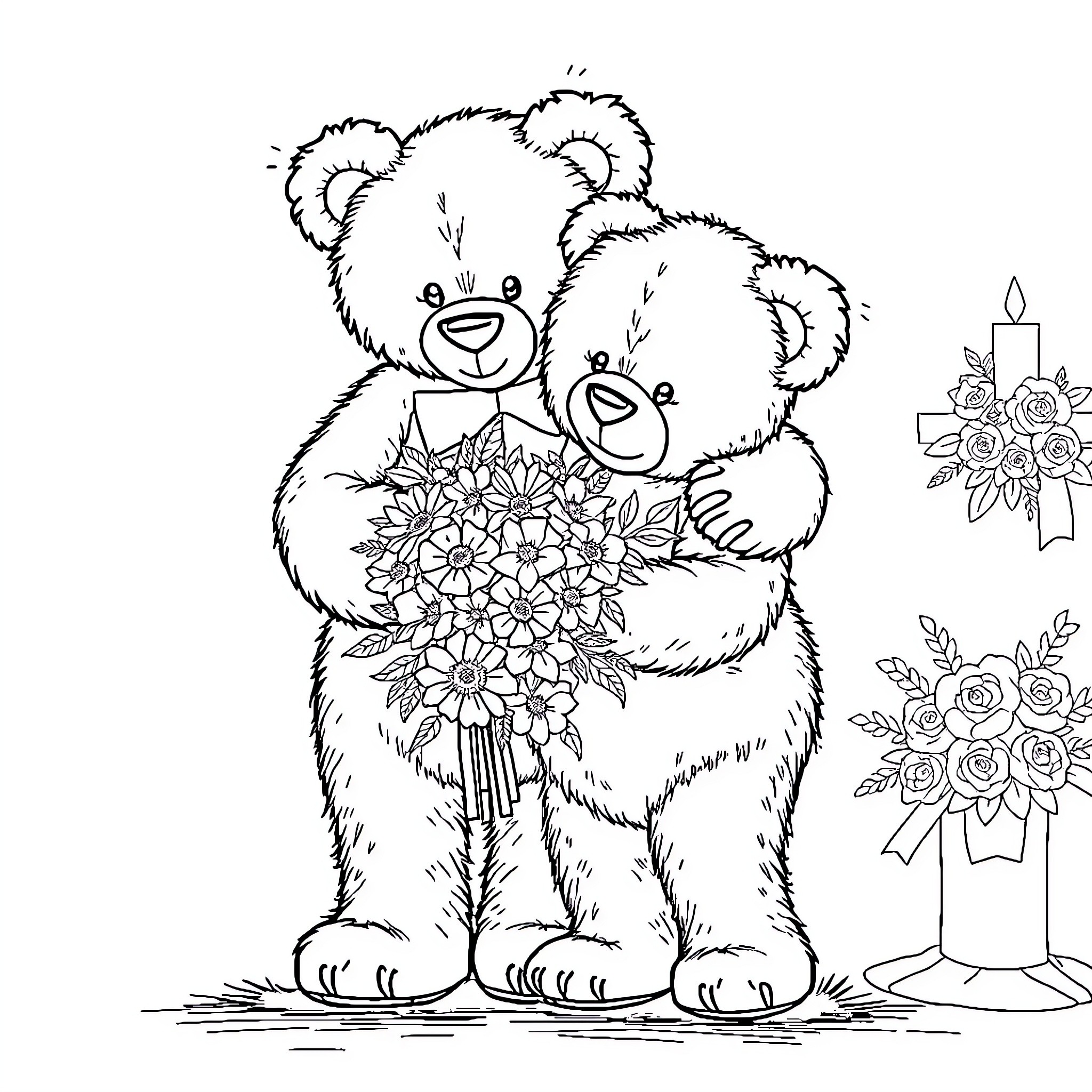 Teddy Bears Holding Bouquet of Flowers Coloring Page (free black-and-white line drawing printable PDF for all, from beginners to advanced learners, including children, teens, adults, and seniors)