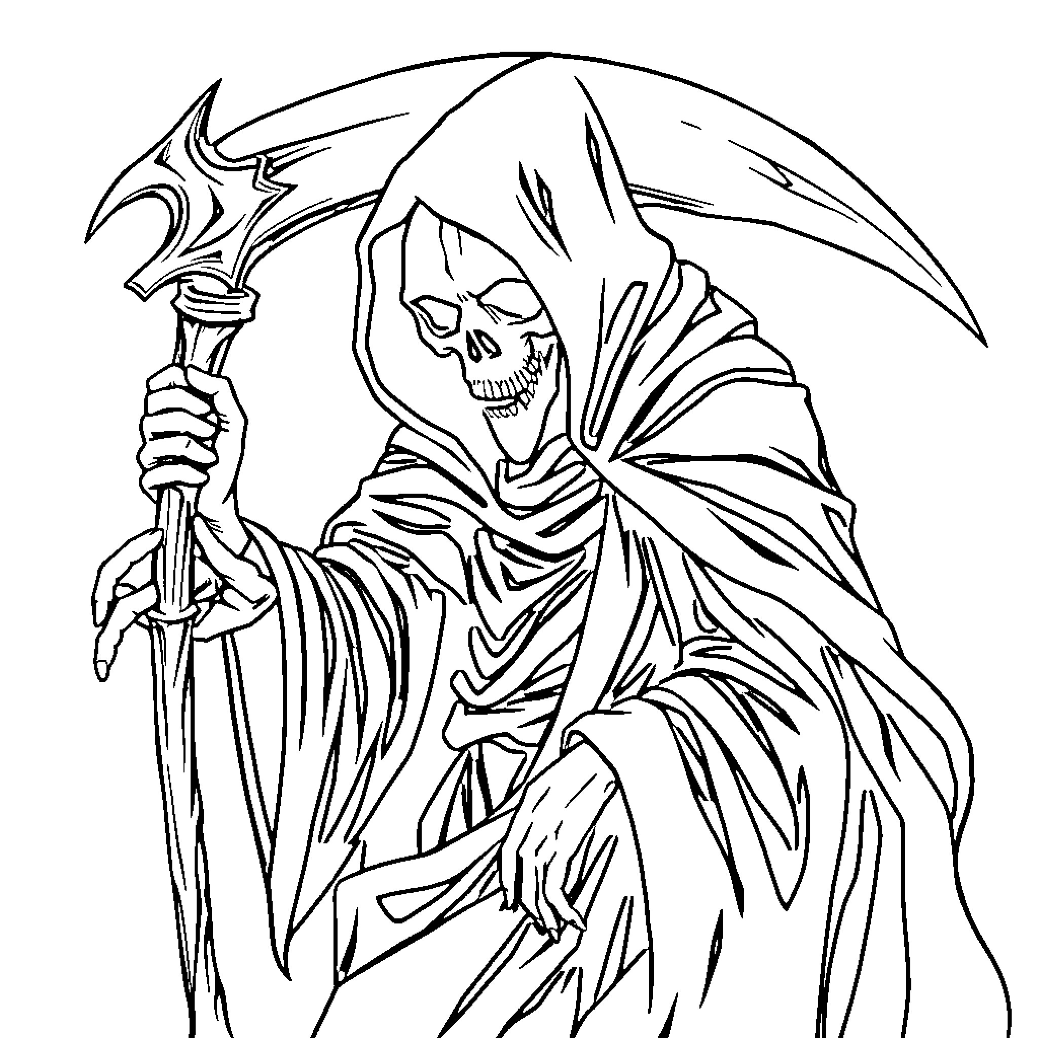 Grim Reaper wielding a scythe with a menacing presence Coloring Page (free black-and-white line drawing printable PDF for all, from beginners to advanced learners, including children, teens, adults, and seniors)