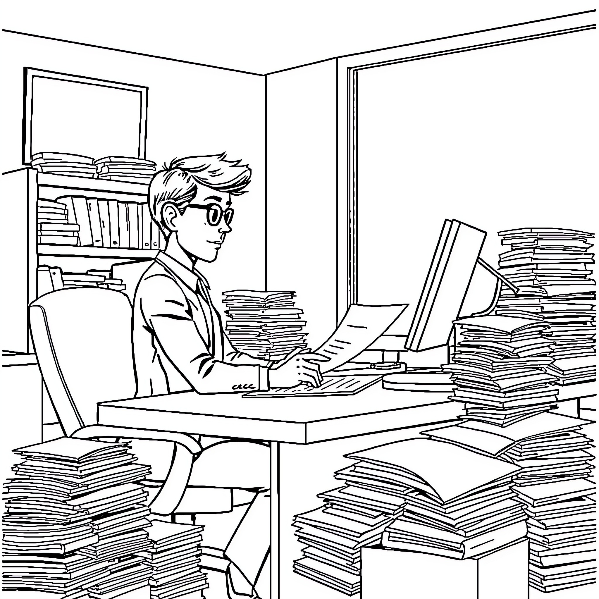 Escrow Officer Diligently Working in a Cluttered Office Coloring Page (free black-and-white line drawing printable PDF for all, from beginners to advanced learners, including children, teens, adults, and seniors)
