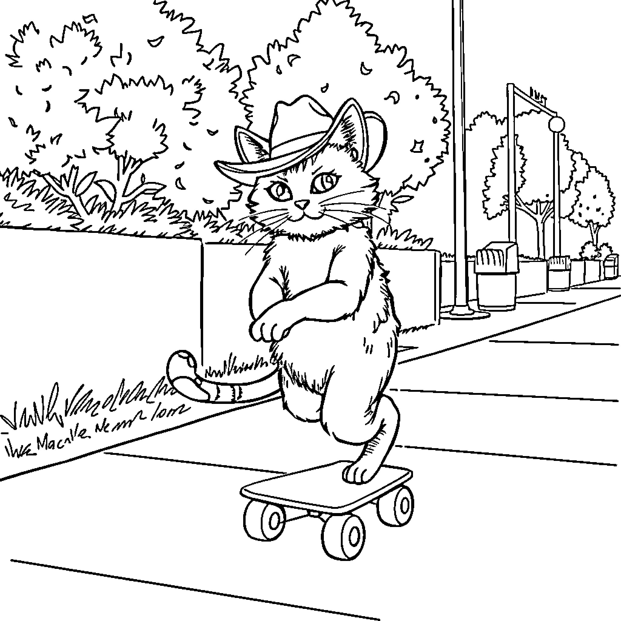 Cat riding on a skateboard in the city Coloring Page (free black-and-white line drawing printable PDF for all, from beginners to advanced learners, including children, teens, adults, and seniors)
