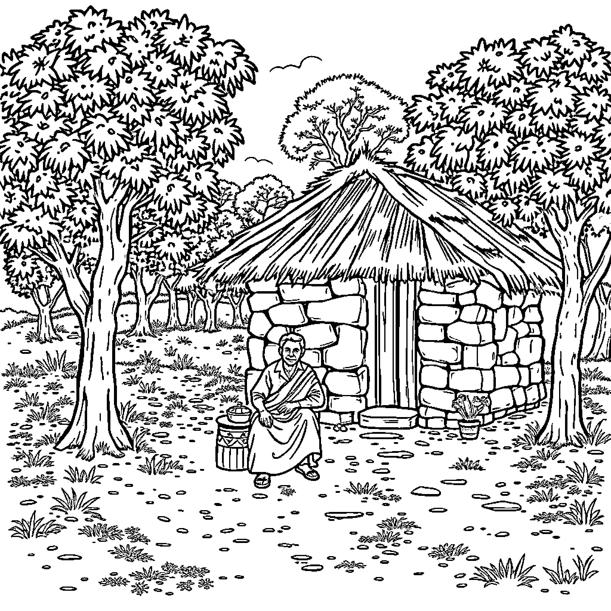 Man sitting by traditional hut in forest landscape Coloring Page (free black-and-white line drawing printable PDF for all, from beginners to advanced learners, including children, teens, adults, and seniors)