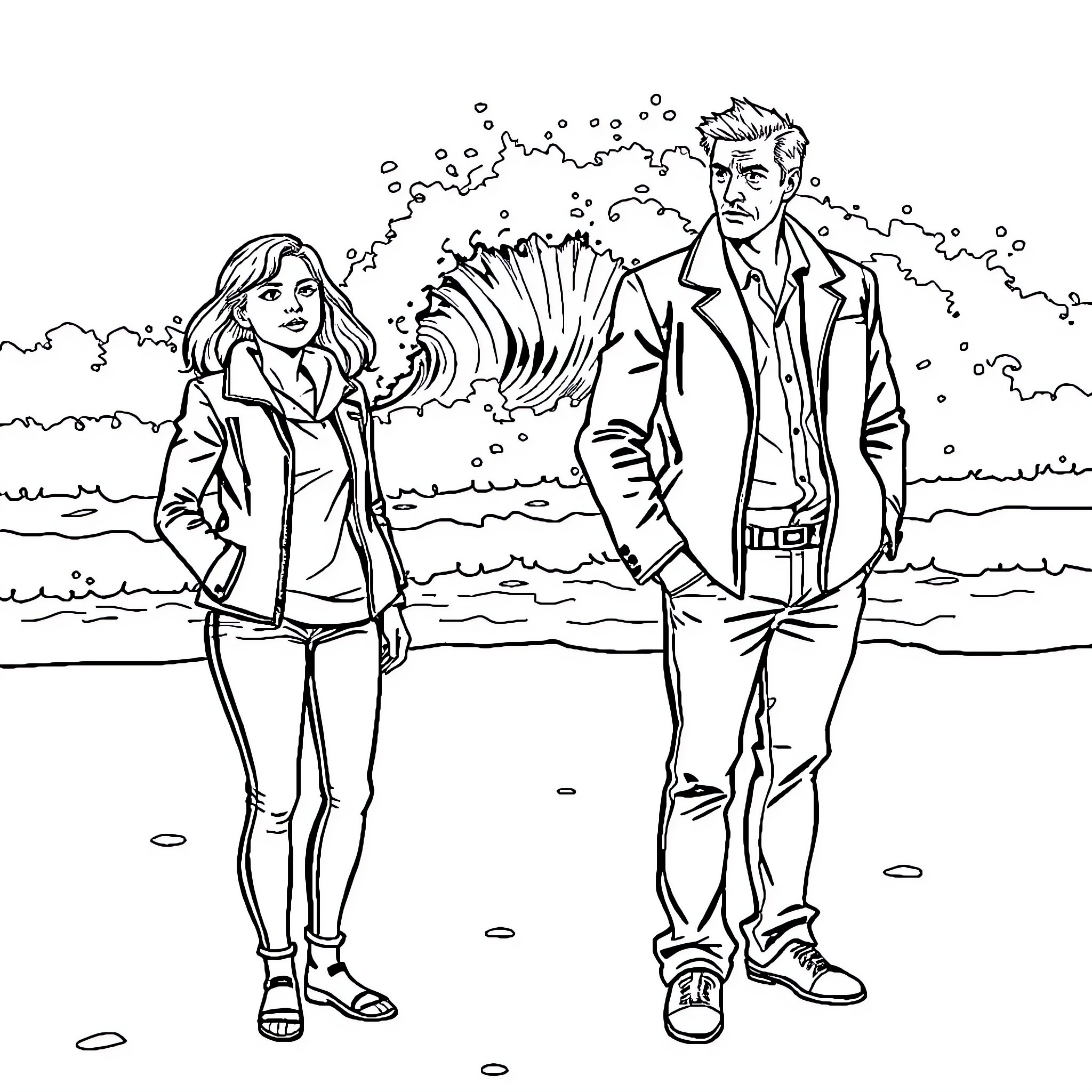 Bonnie Blue enjoying the waves with a companion Coloring Page (free black-and-white line drawing printable PDF for all, from beginners to advanced learners, including children, teens, adults, and seniors)