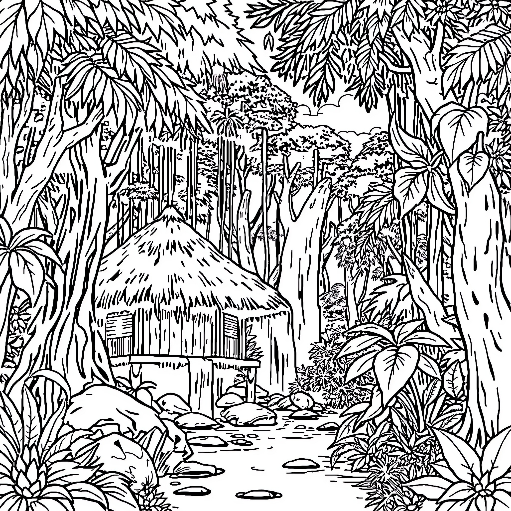 Rainforest landscape with hut and stream Coloring Page (free black-and-white line drawing printable PDF for all, from beginners to advanced learners, including children, teens, adults, and seniors)