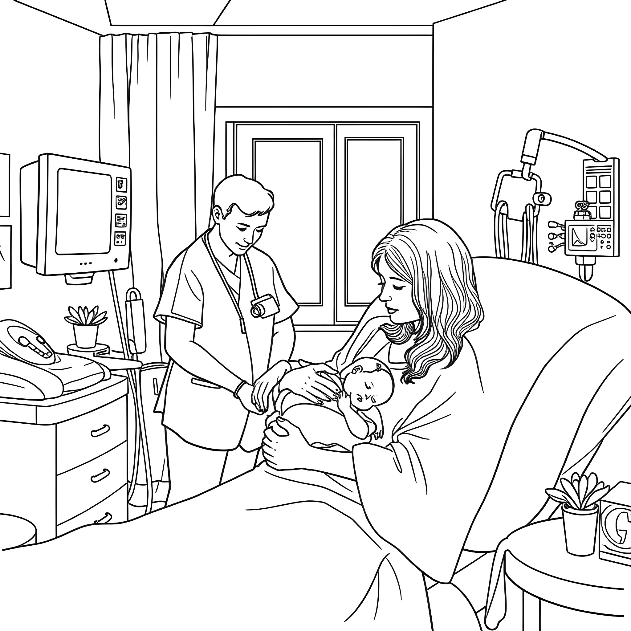 Woman receiving medical care for newborn baby Coloring Page (free black-and-white line drawing printable PDF for all, from beginners to advanced learners, including children, teens, adults, and seniors)