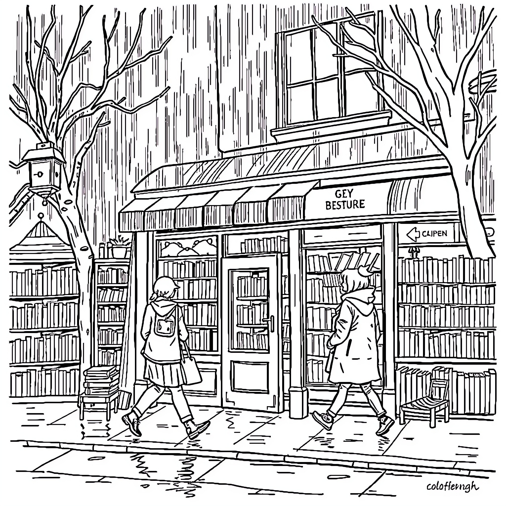 Bookstore in the Rain: People Seeking Shelter Coloring Page (free black-and-white line drawing printable PDF for all, from beginners to advanced learners, including children, teens, adults, and seniors)