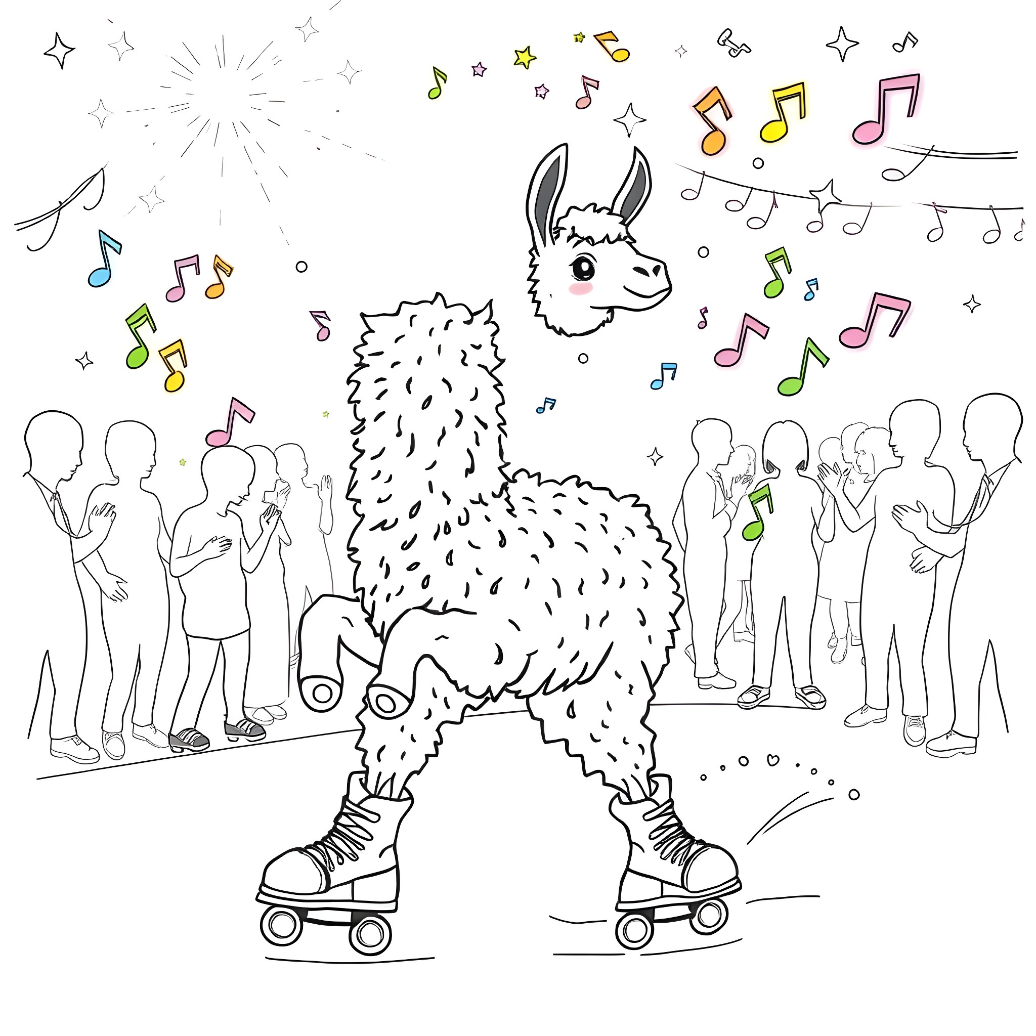 Llama dancing on roller skates with musical notes Coloring Page (free black-and-white line drawing printable PDF for all, from beginners to advanced learners, including children, teens, adults, and seniors)