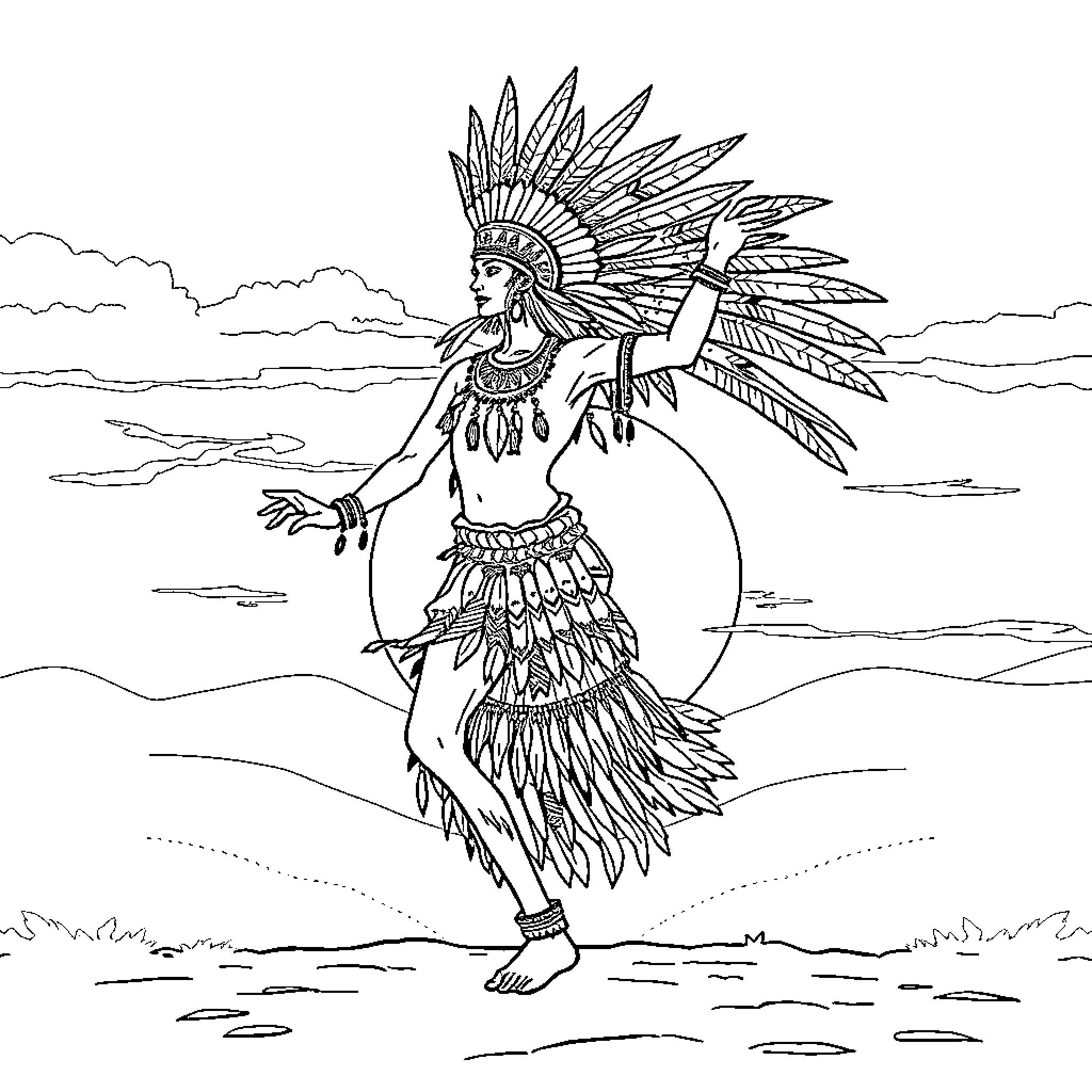 Aztec Dancer Performing Ritual in the Landscape Coloring Page (free black-and-white line drawing printable PDF for all, from beginners to advanced learners, including children, teens, adults, and seniors)