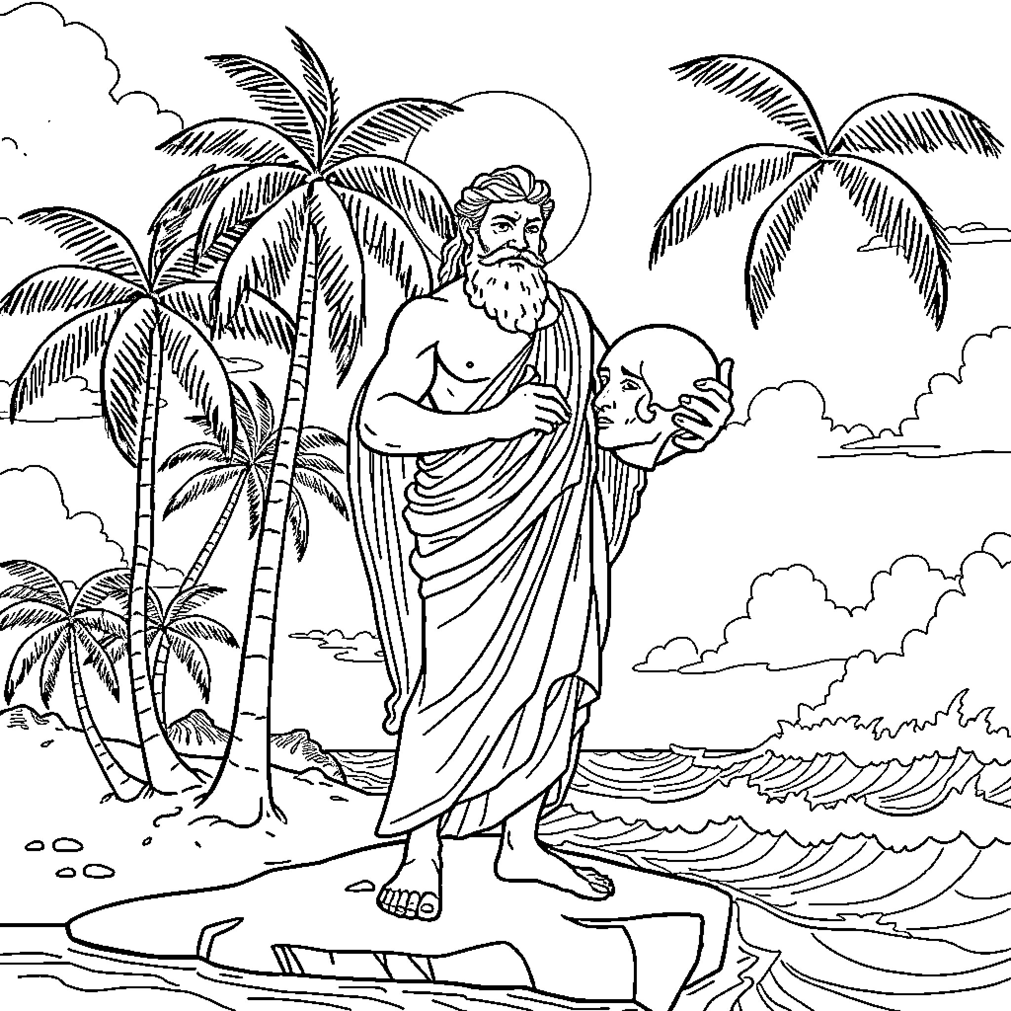 Aesop's Fable: Wise Man with Scroll on Tropical Beach Coloring Page (free black-and-white line drawing printable PDF for all, from beginners to advanced learners, including children, teens, adults, and seniors)