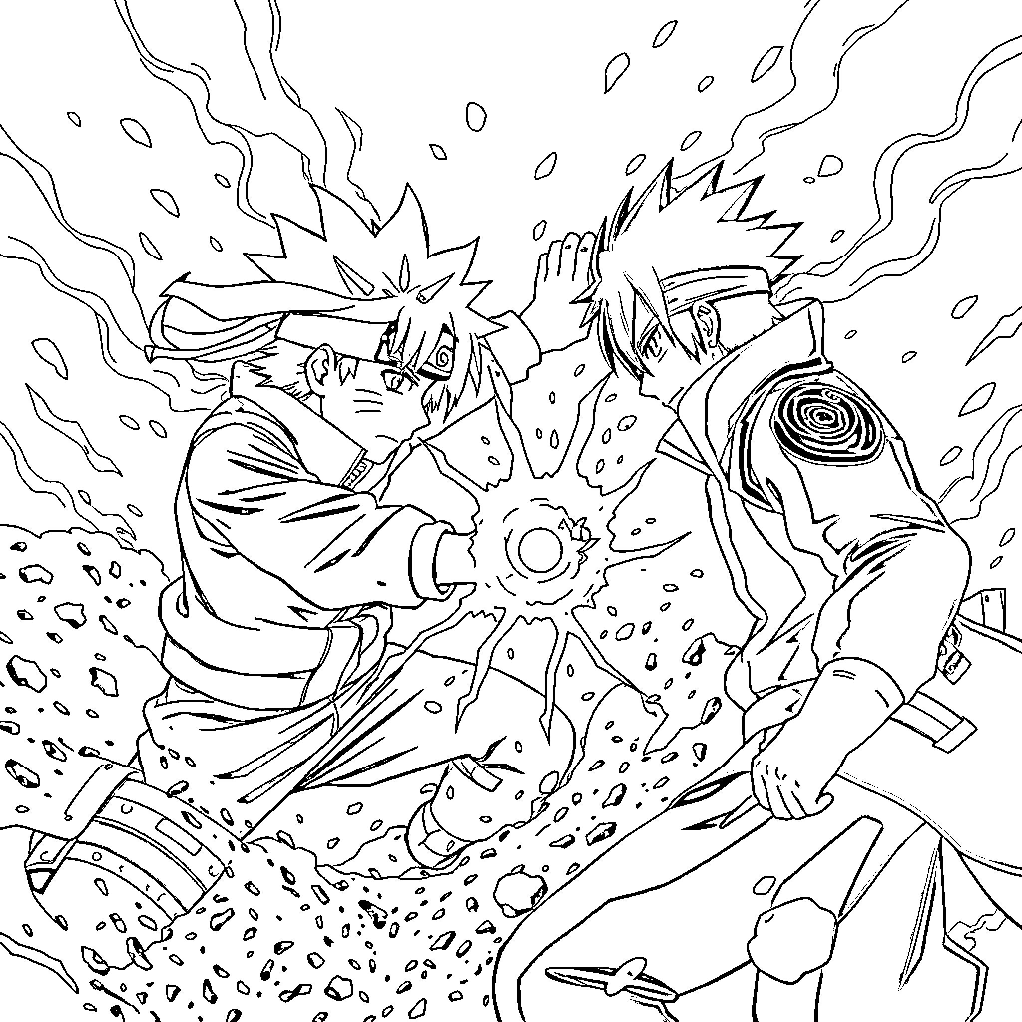 Naruto characters in action-packed battle scene Coloring Page (free black-and-white line drawing printable PDF for all, from beginners to advanced learners, including children, teens, adults, and seniors)
