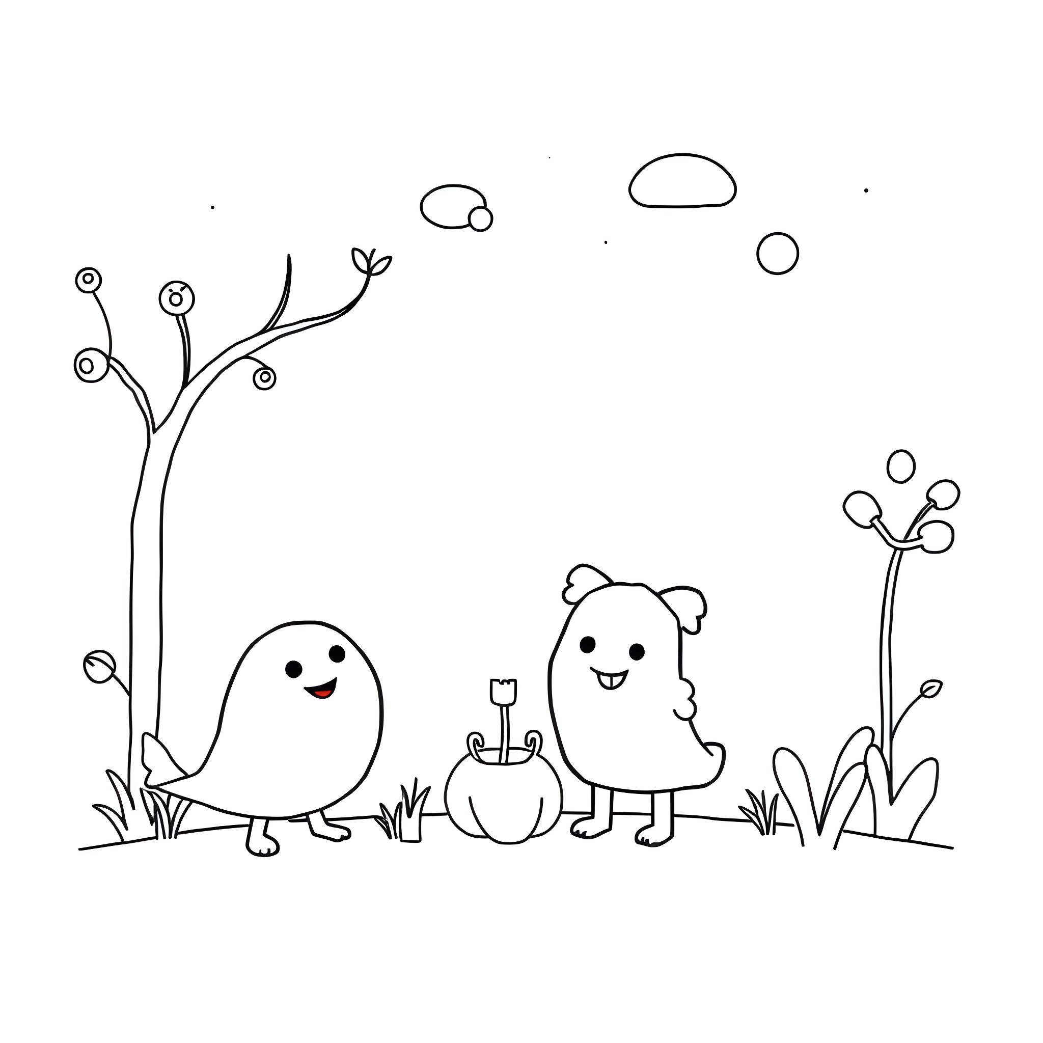 Drawing of cartoon characters playing in nature Coloring Page (free black-and-white line drawing printable PDF for all, from beginners to advanced learners, including children, teens, adults, and seniors)