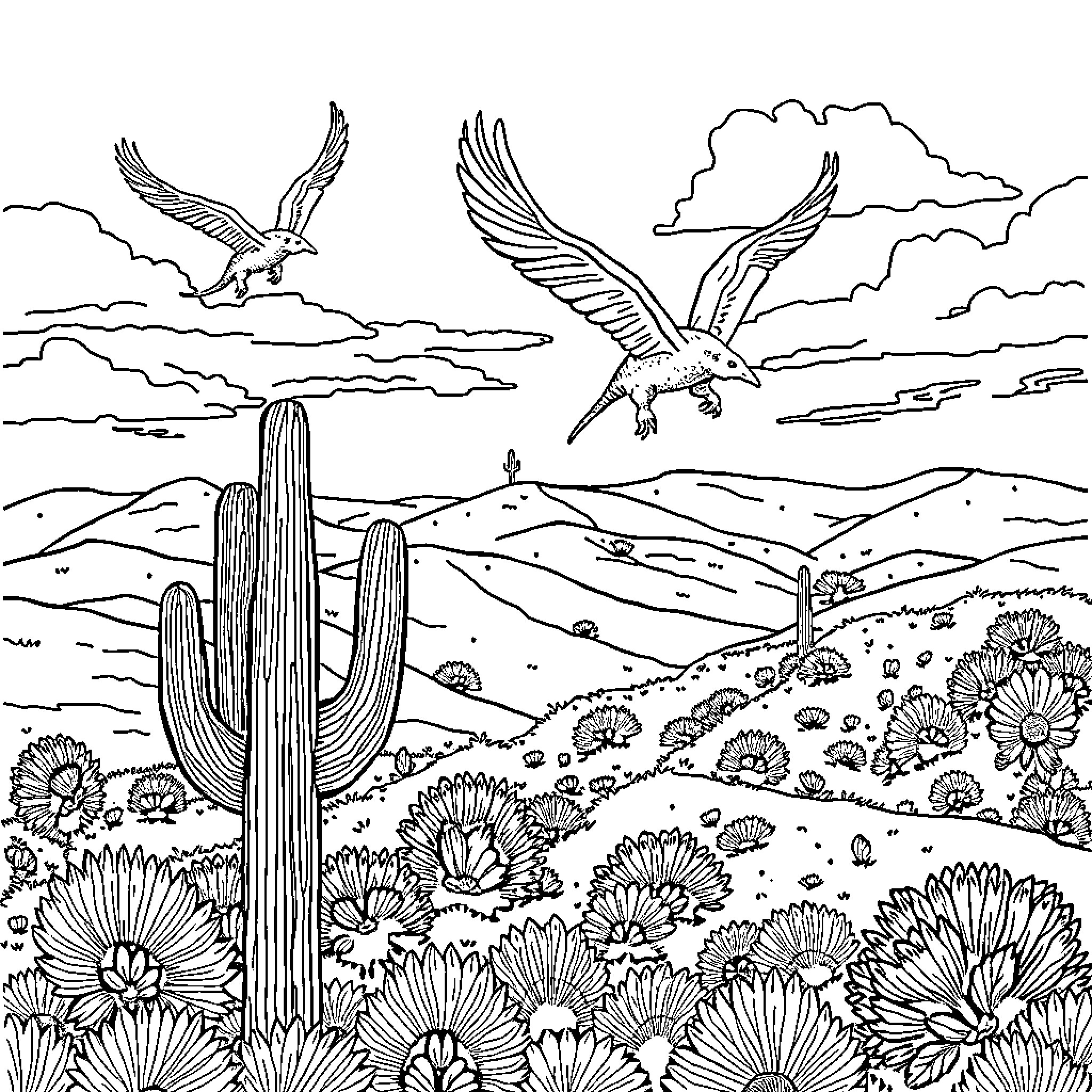 Armadillo soaring through the desert sky Coloring Page (free black-and-white line drawing printable PDF for all, from beginners to advanced learners, including children, teens, adults, and seniors)