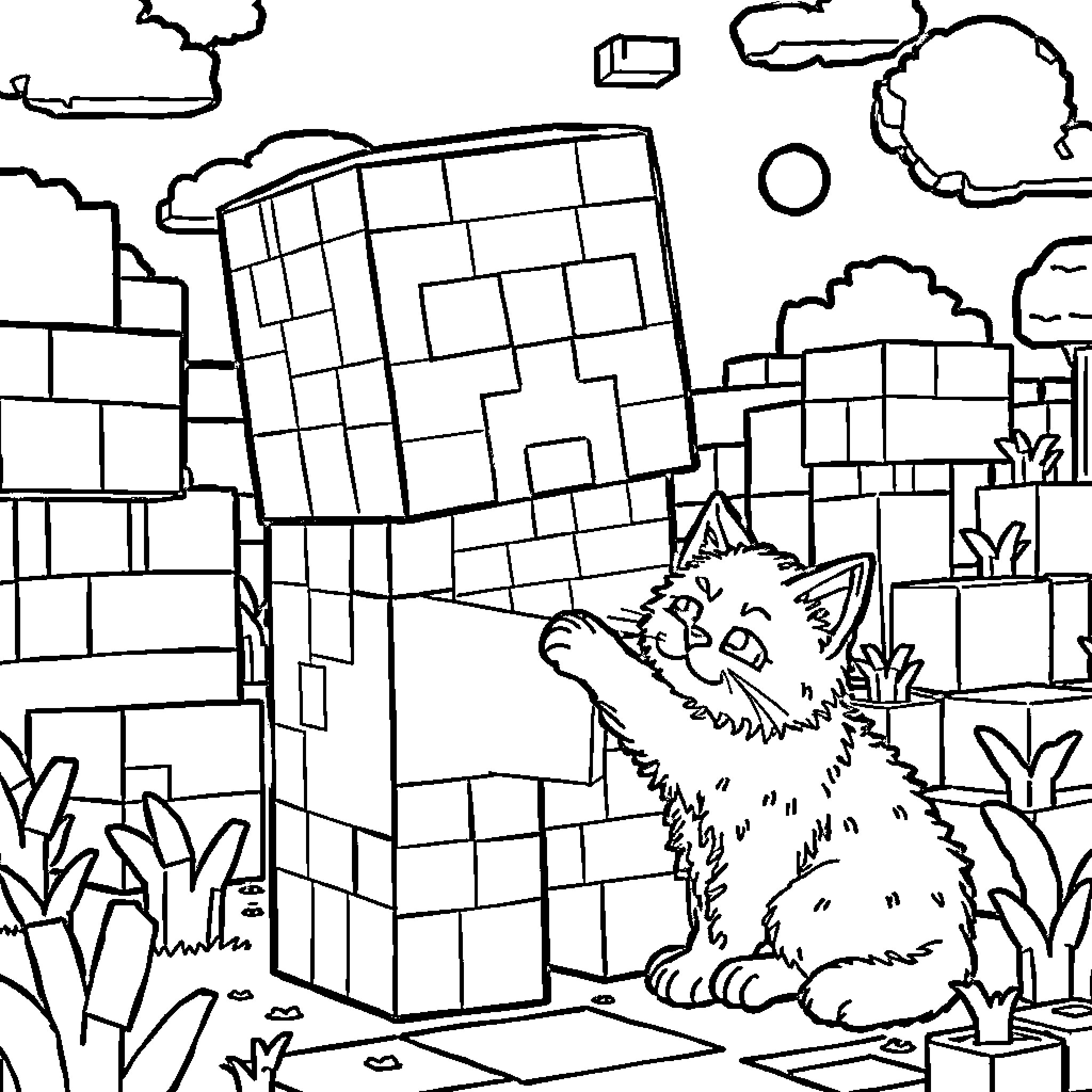 Creeper Feline Mischief in Pixelated Landscape Coloring Page (free black-and-white line drawing printable PDF for all, from beginners to advanced learners, including children, teens, adults, and seniors)