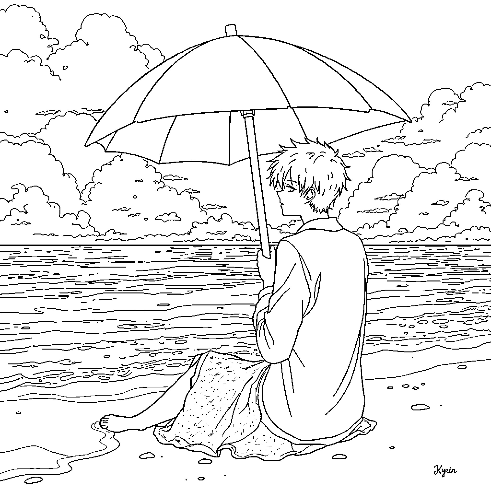 Kaneki sitting alone on the beach with umbrella Coloring Page (free black-and-white line drawing printable PDF for all, from beginners to advanced learners, including children, teens, adults, and seniors)