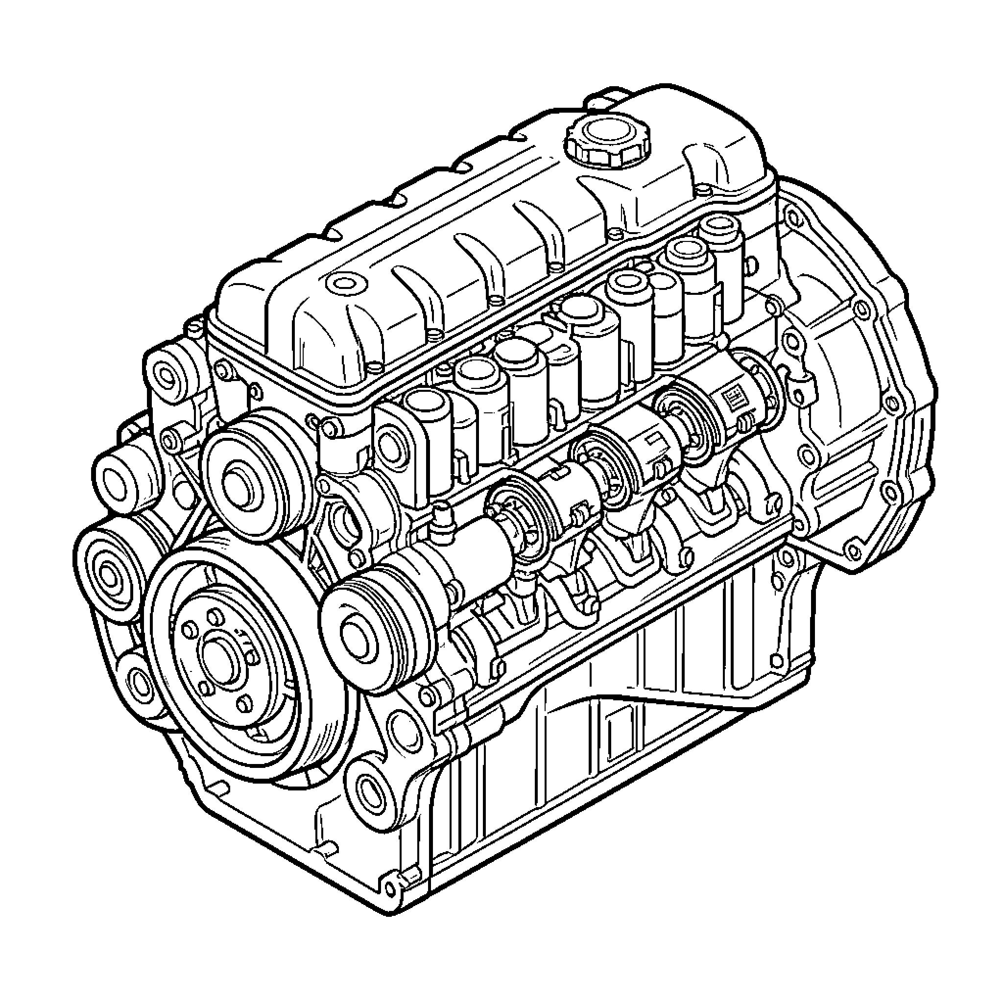 Internal Combustion Engine showing detailed mechanical components Coloring Page (free black-and-white line drawing printable PDF for all, from beginners to advanced learners, including children, teens, adults, and seniors)