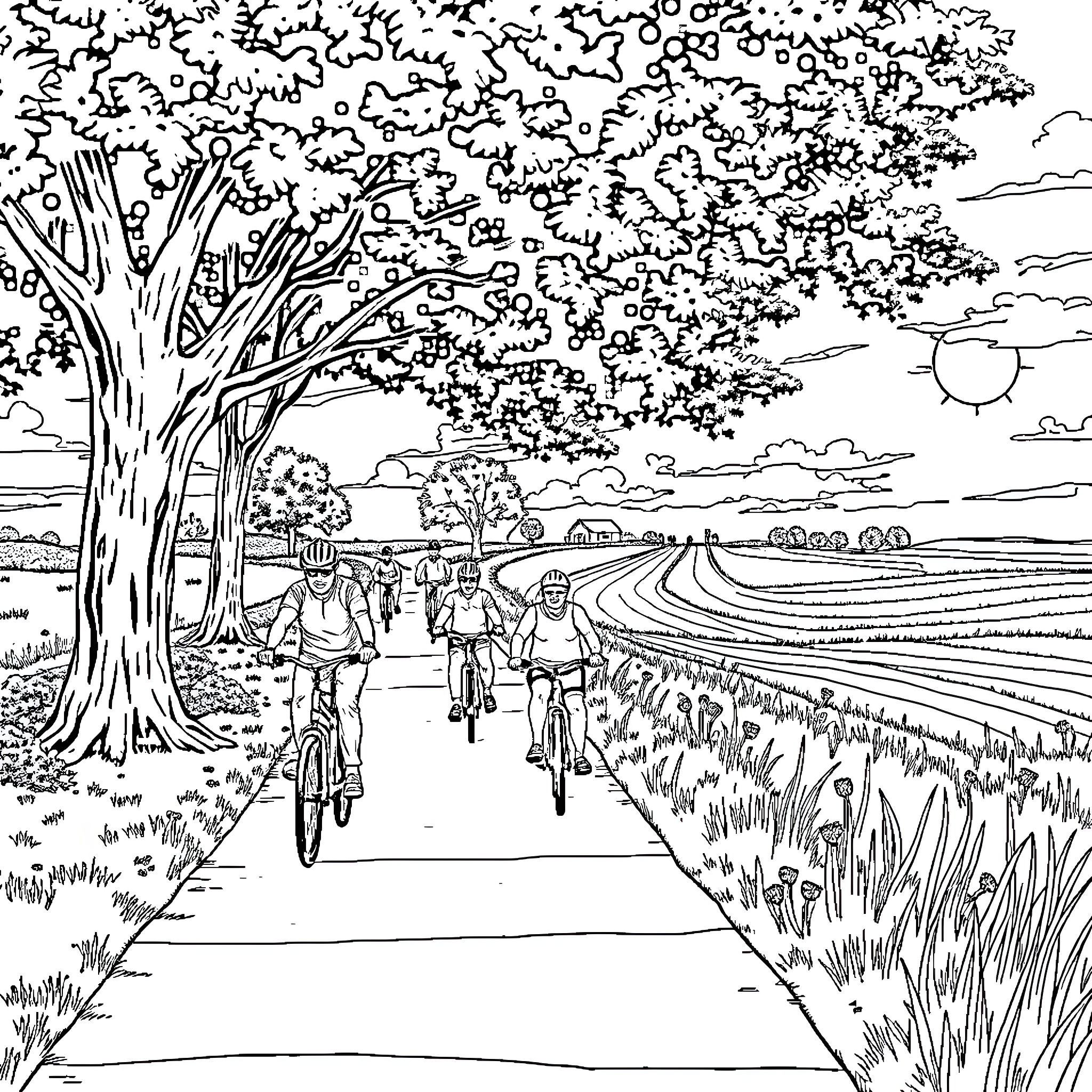 Person Riding Bicycles on Scenic Path Coloring Page (free black-and-white line drawing printable PDF for all, from beginners to advanced learners, including children, teens, adults, and seniors)